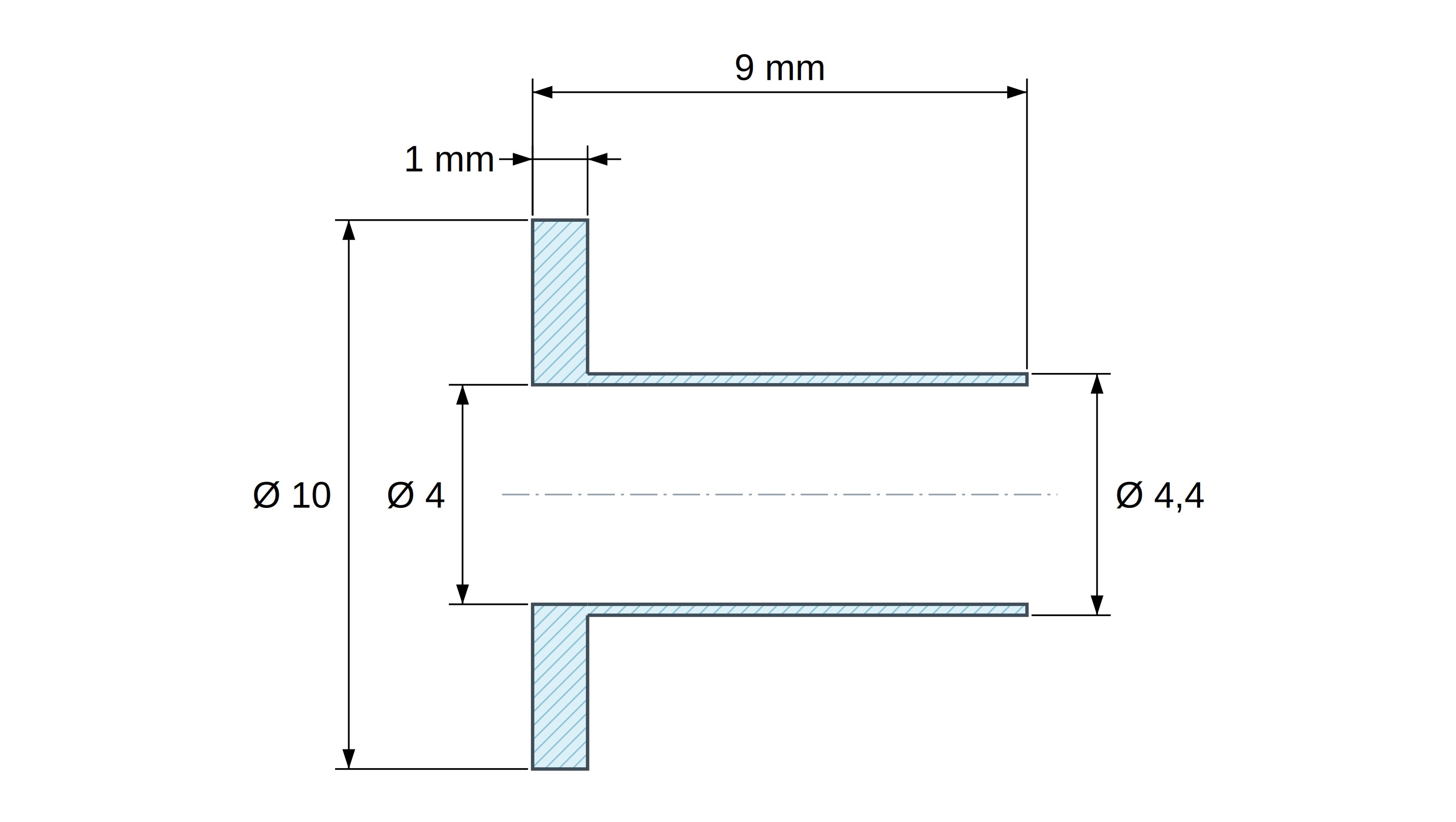 Boccola di isolamento flangiata Ø4x10mm, spallamento basso Ø4,4mm, nylon PA6.6 nero rinforzato con fibra di vetro