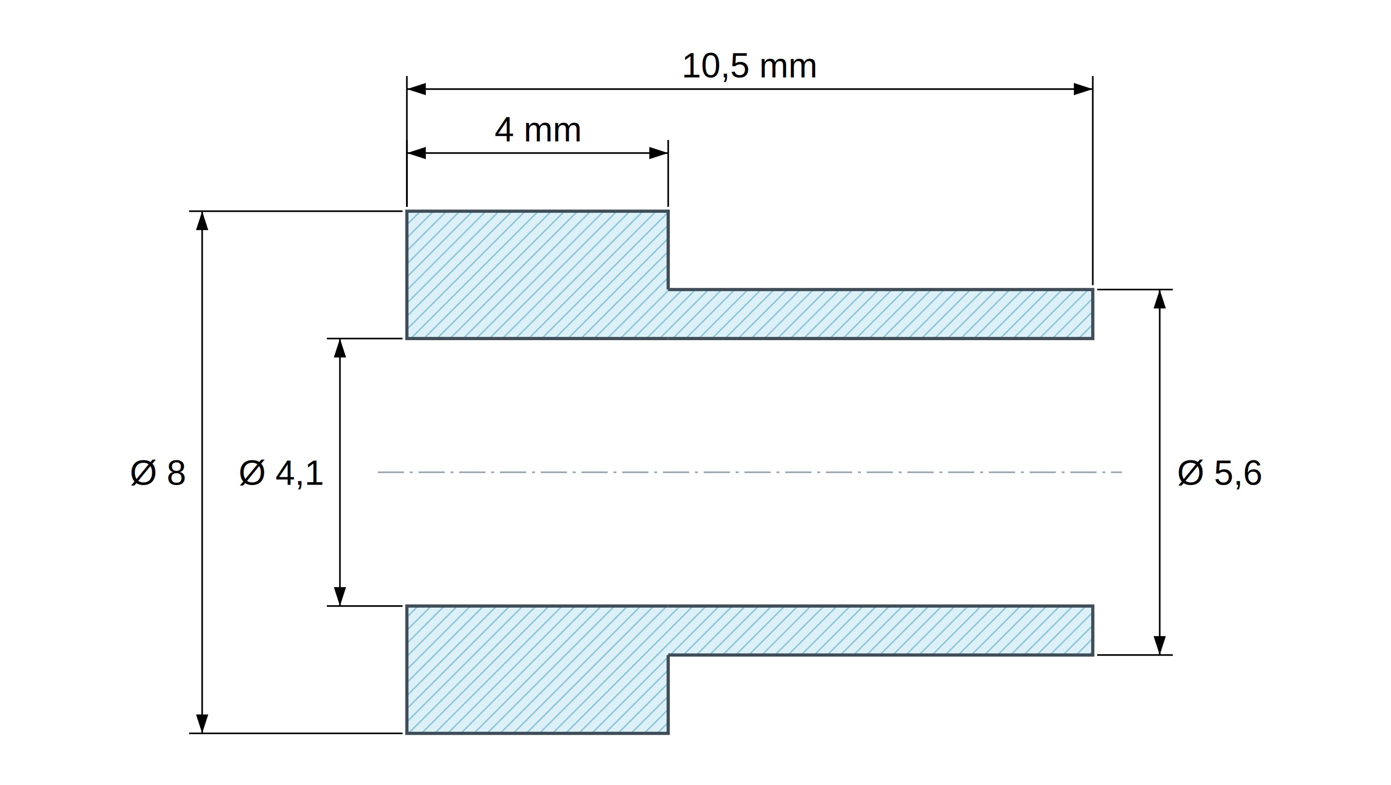 Boccola di isolamento flangiata Ø4,1x8mm, spallamento alto Ø5,6mm, nylon PA6.6 nero rinforzato con fibra di vetro UL94-HB