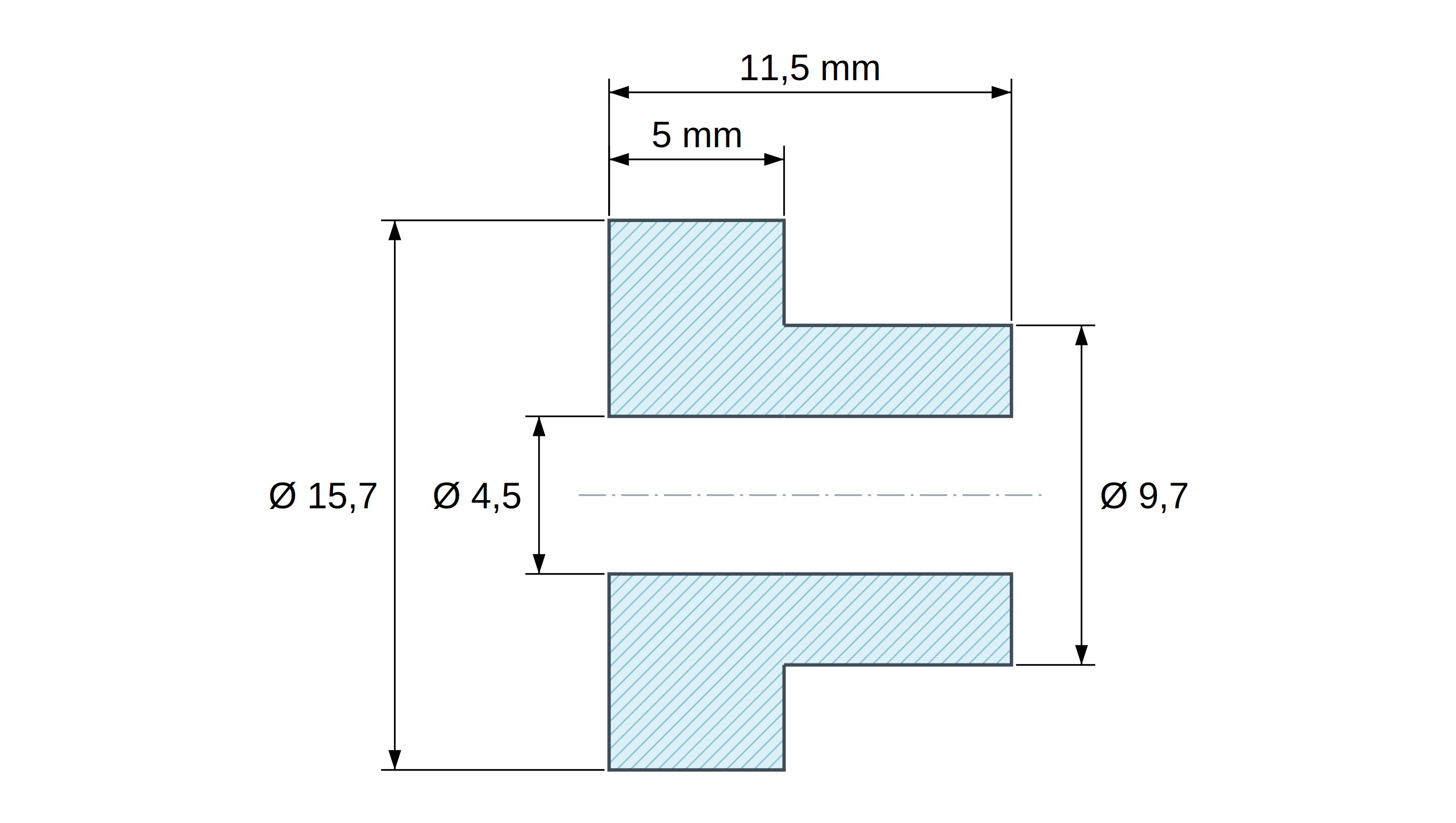 Boccola di isolamento flangiata Ø4,5x15,7mm, spallamento alto Ø9,7mm, nylon PA6.6 nero rinforzato con fibra di vetro UL94-HB