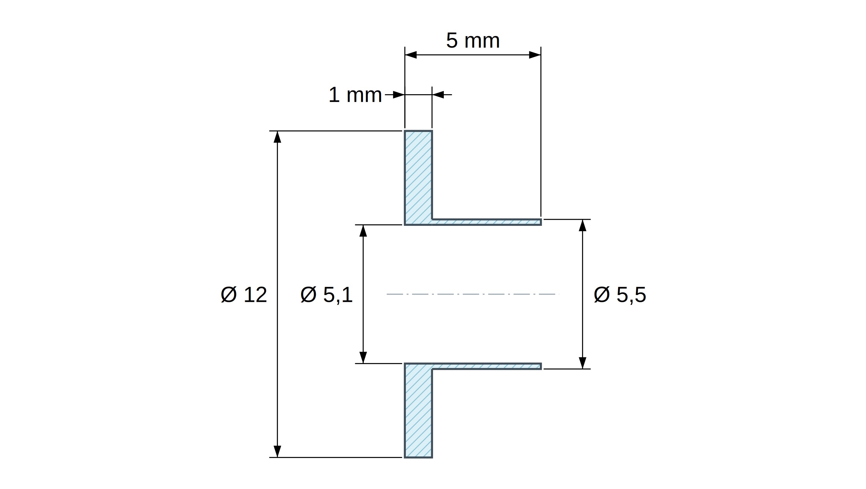 Boccola di isolamento flangiata Ø5,1x12mm, spallamento alto Ø5,5mm, nylon PA6.6 nero rinforzato con fibra di vetro UL94-HB
