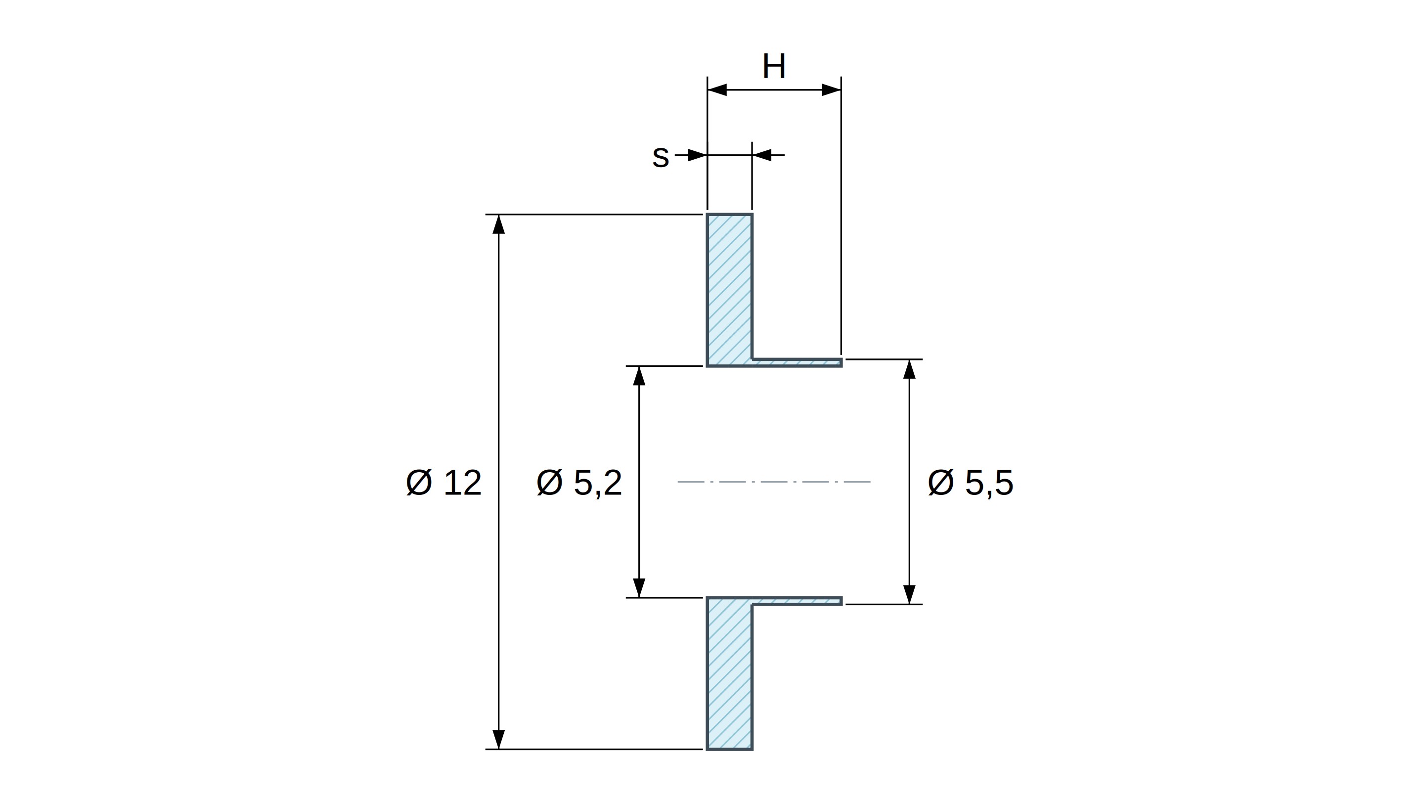 Boccola di isolamento flangiata Ø5,2x12mm, spallamento alto Ø5,5mm, nylon PA6.6 nero rinforzato con fibra di vetro UL94-HB