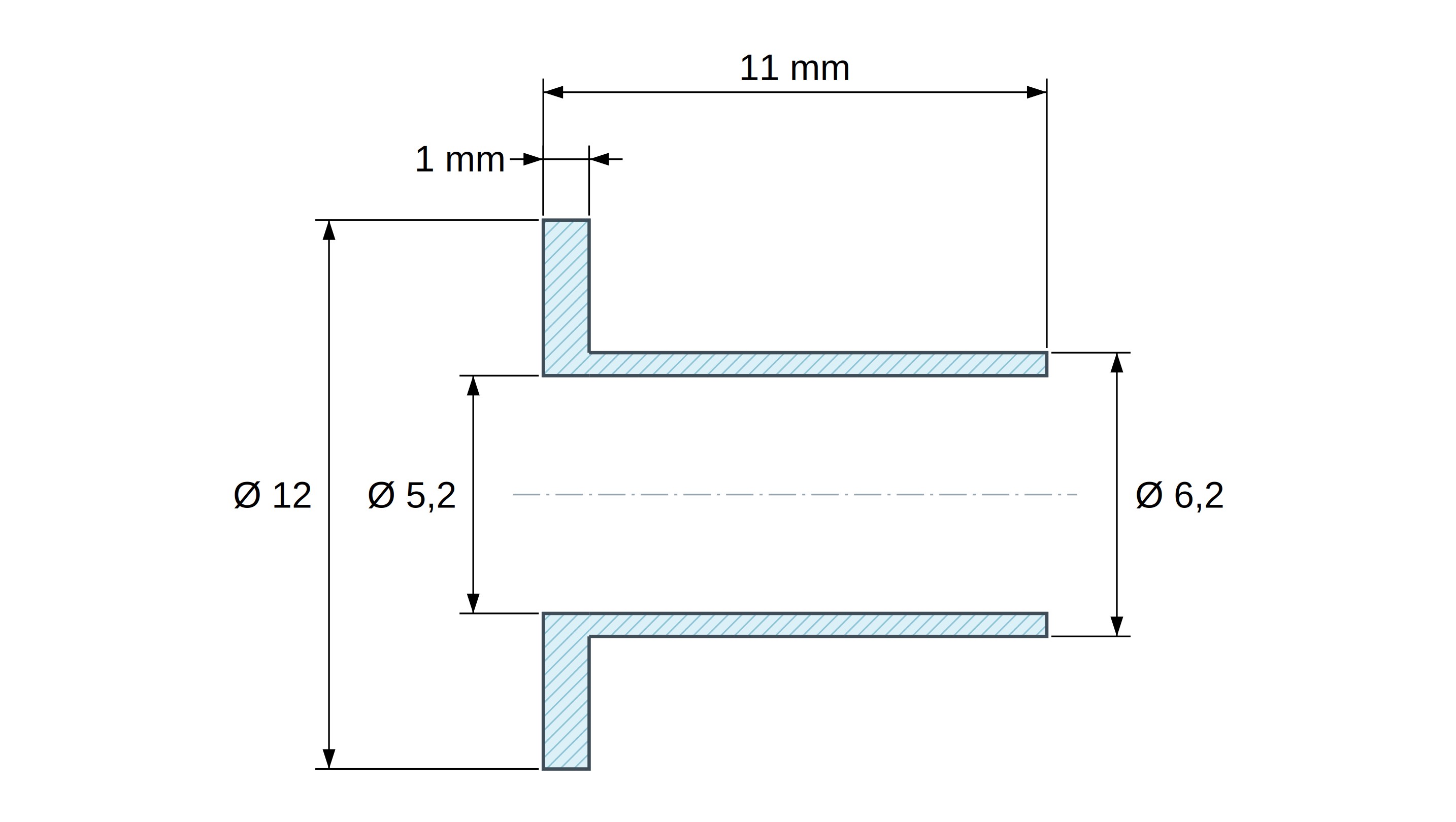 Boccola di isolamento flangiata Ø5,2x12mm, spallamento alto Ø6,2mm, nylon PA6.6 nero rinforzato con fibra di vetro UL94-HB