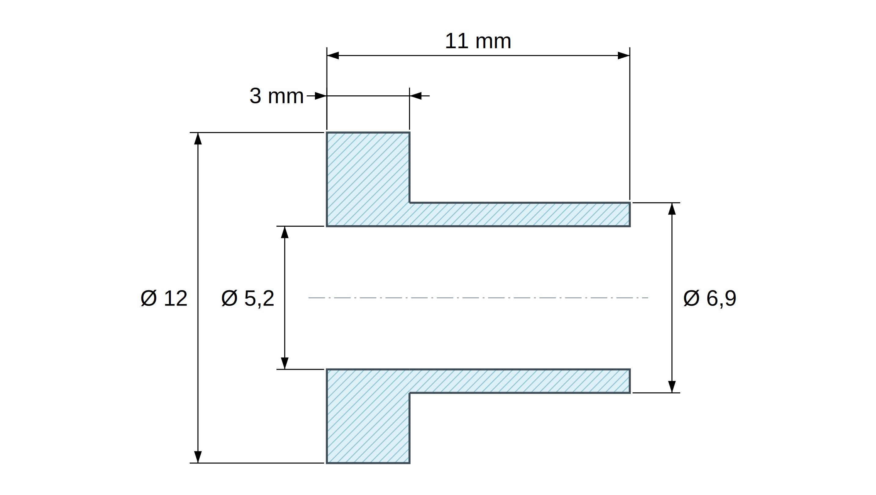 Boccola di isolamento flangiata Ø5,2x12mm, spallamento alto Ø6,9mm, nylon PA6.6 nero rinforzato con fibra di vetro UL94-HB