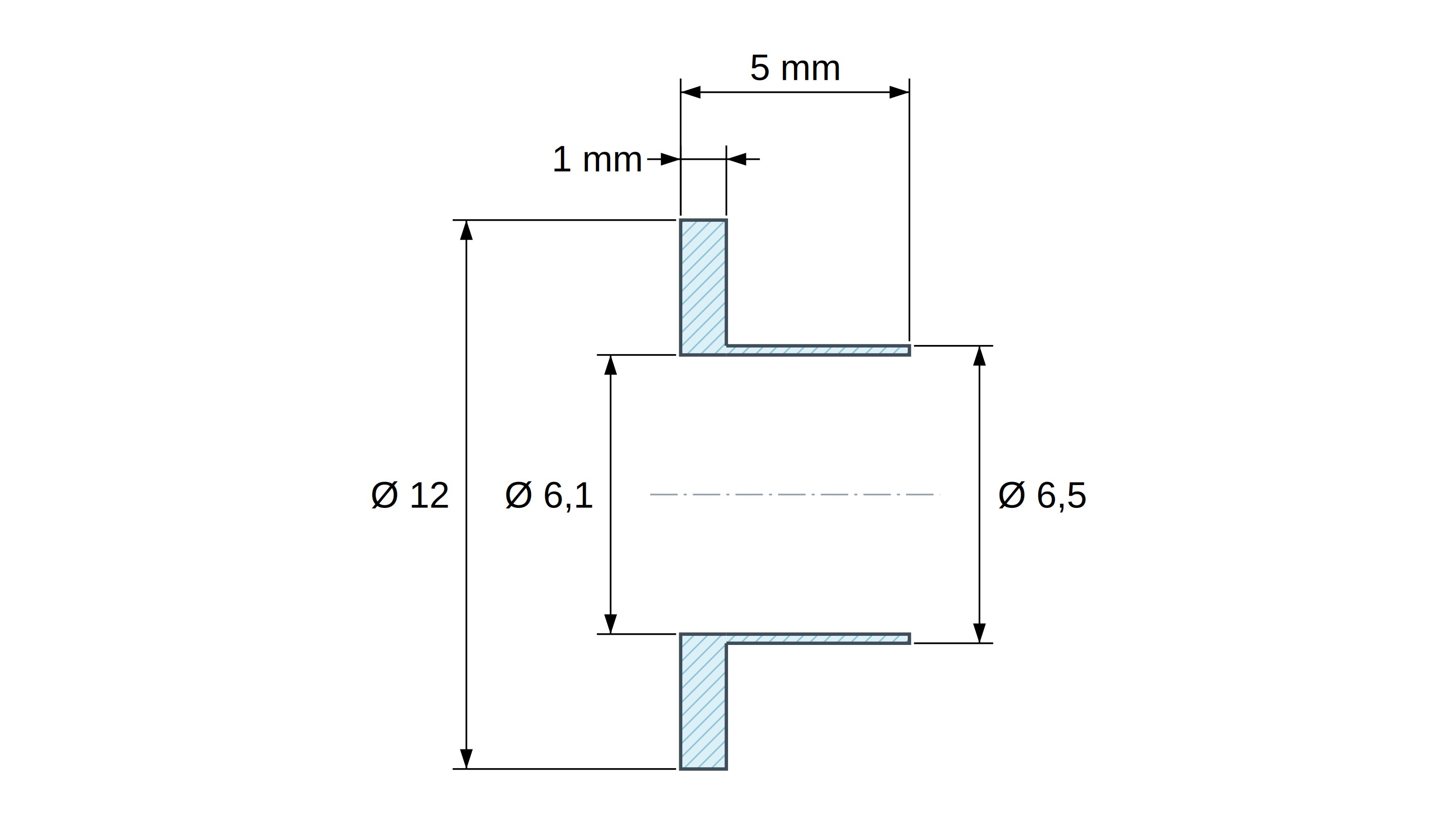 Boccola di isolamento flangiata Ø6,1x12mm, spallamento alto Ø6,5mm, nylon PA6.6 nero rinforzato con fibra di vetro UL94-HB