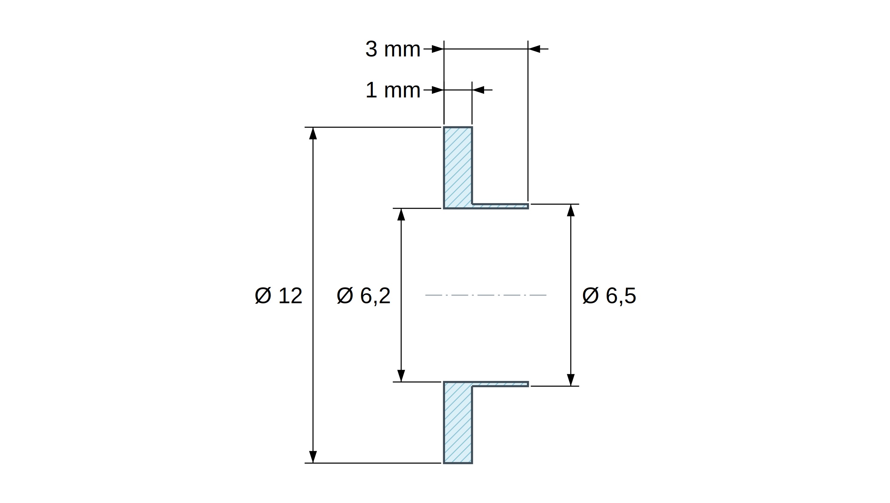 Boccola di isolamento flangiata Ø6,2x12mm, spallamento alto Ø6,5mm, nylon PA6.6 nero rinforzato con fibra di vetro UL94-HB