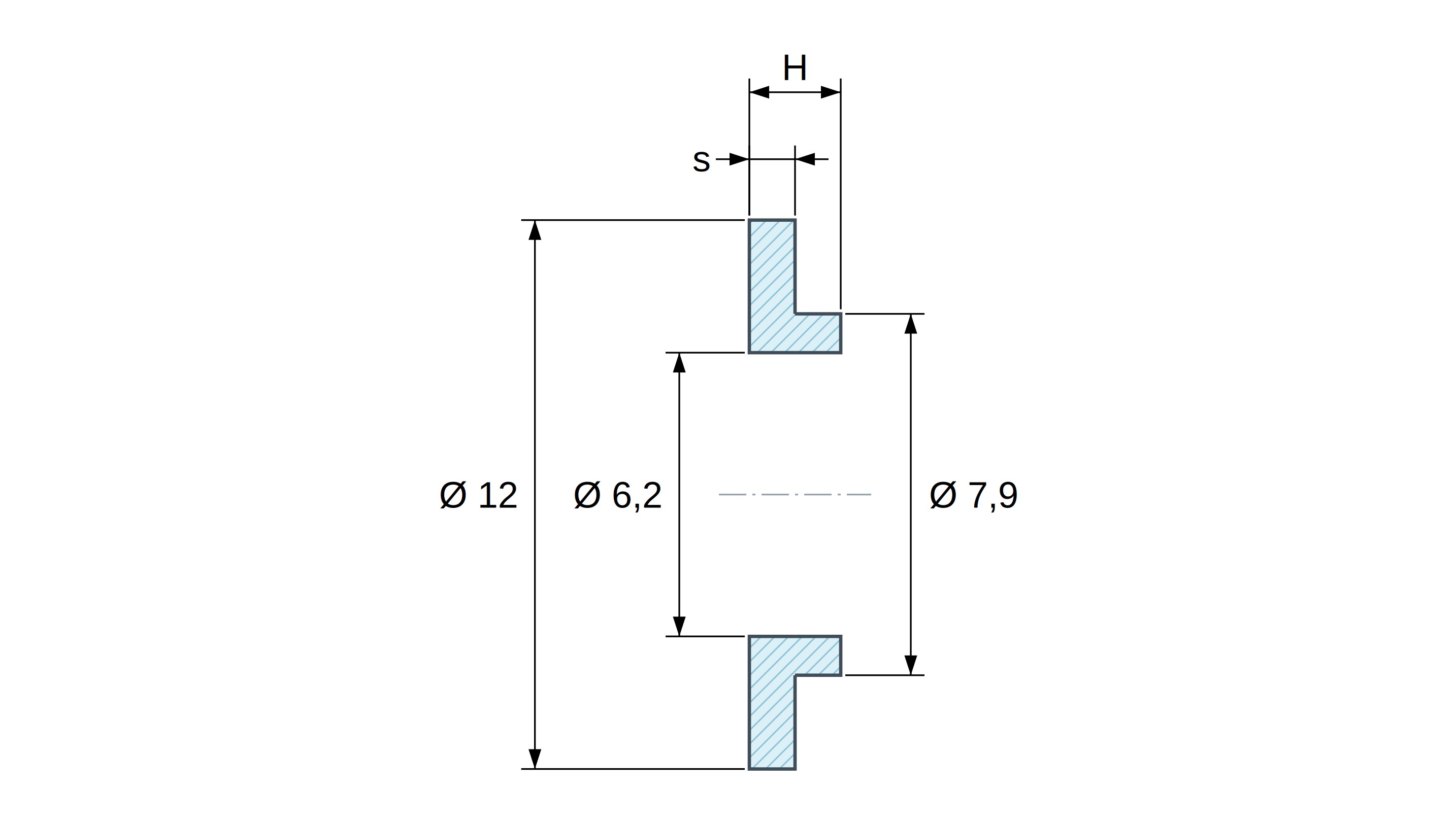 Boccola di isolamento flangiata Ø6,2x12mm, spallamento alto Ø7,9mm, nylon PA6.6 nero rinforzato con fibra di vetro UL94-HB