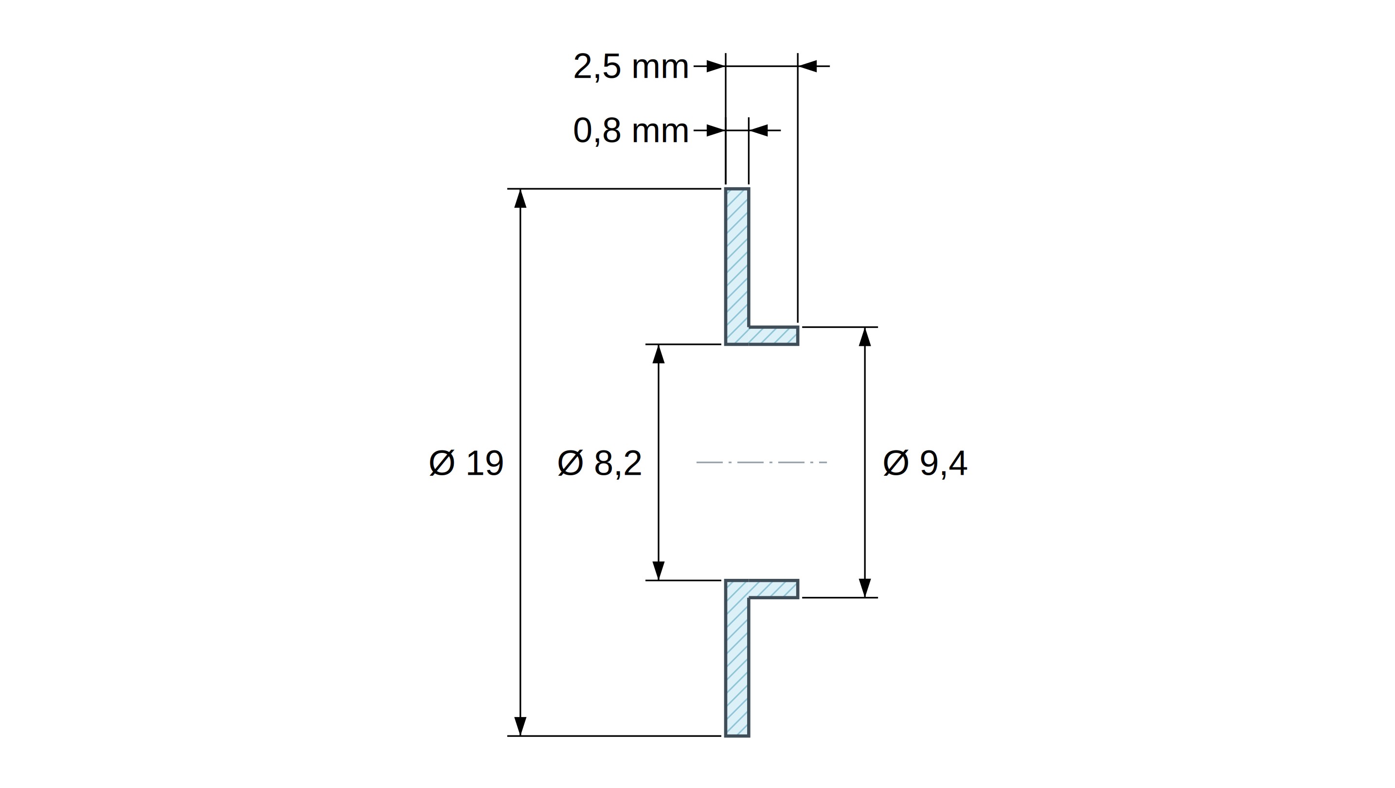 Boccola di isolamento flangiata Ø8,2x19mm, spallamento basso Ø9,4mm, nylon PA6.6 nero rinforzato con fibra di vetro UL94-HB Boccola di isolamento flangiata Ø8,2x19mm, spallamento basso Ø9,4mm, nylon PA6.6 nero rinforzato con fibra di vetro UL94-HB
