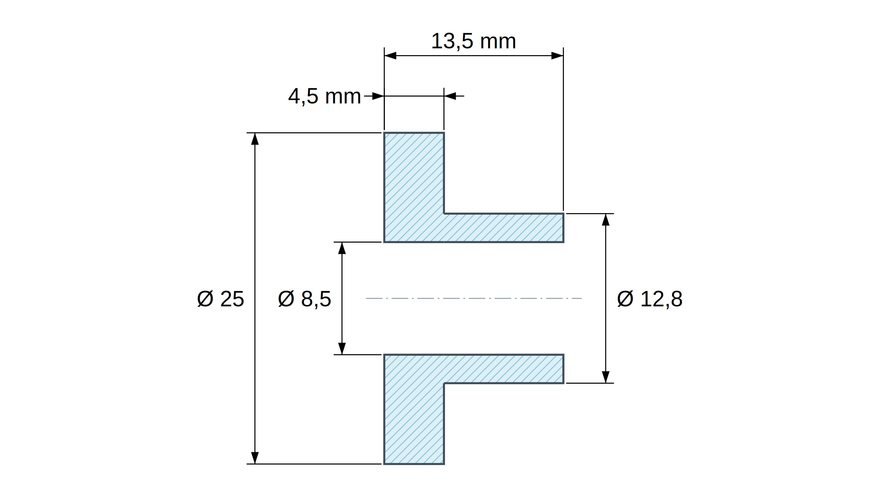 Boccola di isolamento flangiata Ø8,5x25mm, spallamento alto Ø12,8mm, nylon PA6.6 nero rinforzato con fibra di vetro UL94-HB
