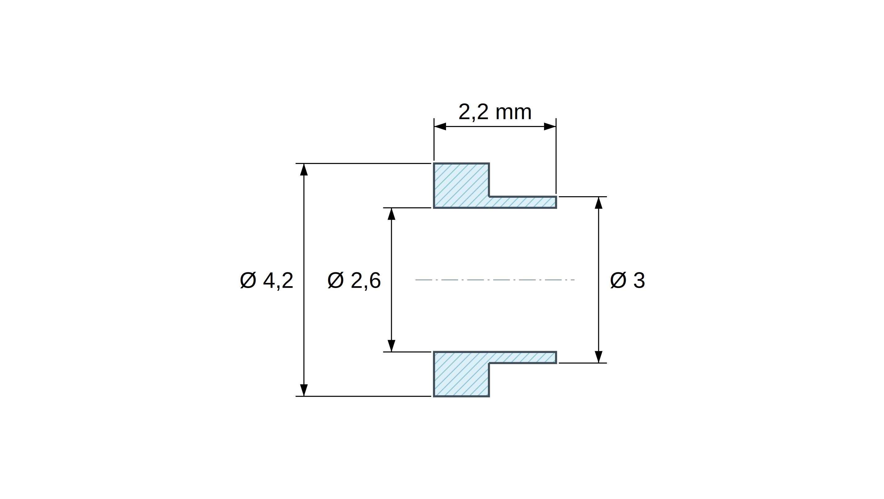 Boccola di isolamento flangiata Ø2,6x4,2mm, spallamento basso Ø3mm, PTFE naturale UL94-V0 Boccola di isolamento flangiata Ø2,6x4,2mm, spallamento basso Ø3mm, PTFE naturale UL94-V0