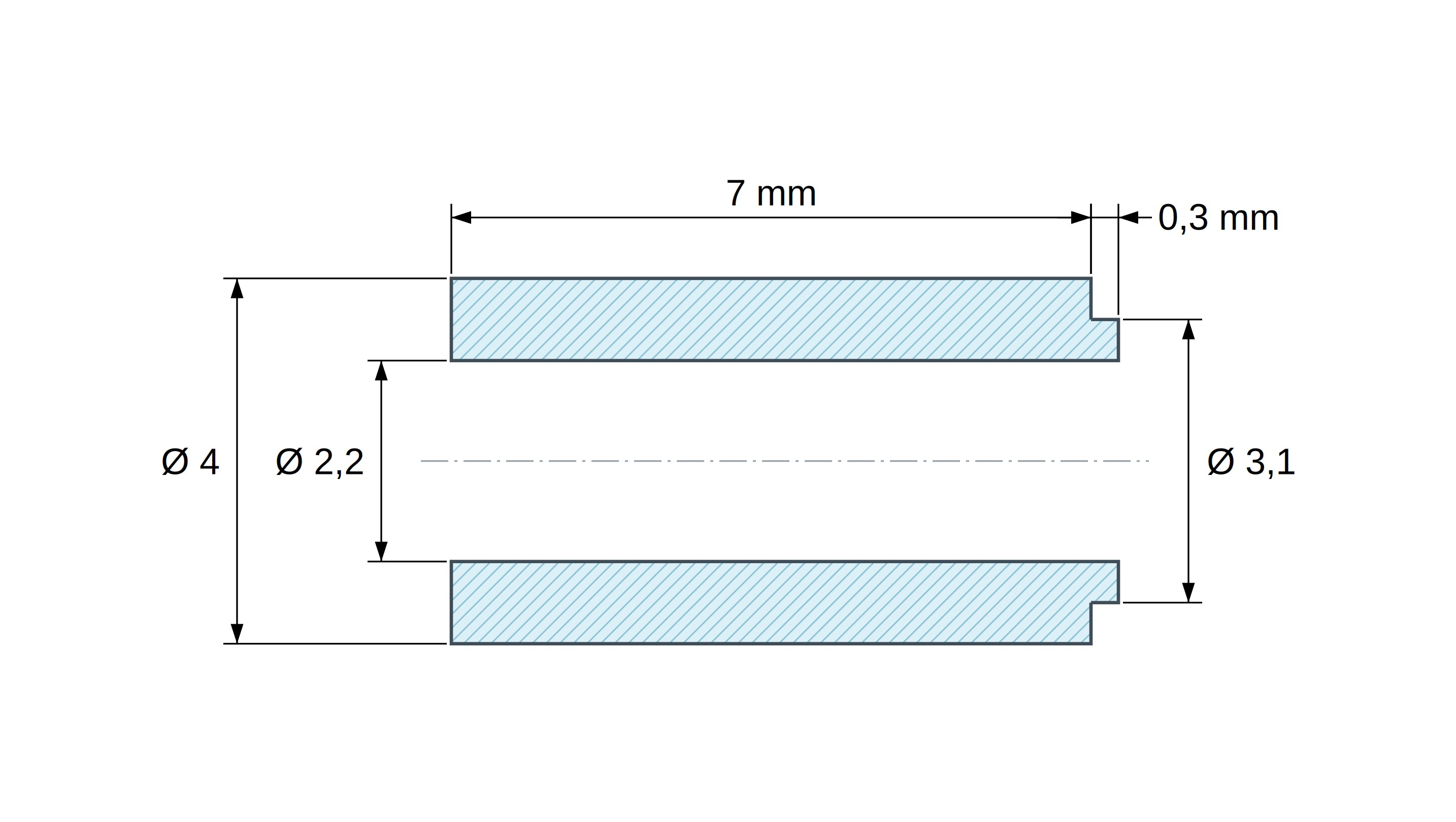 Disegno quotato del distanziale con spallamento PA6-FV Ø2,2×4 mm, spallamento Ø3,1×0,3 mm, per M2, UL94-HB Disegno quotato del distanziale con spallamento PA6-FV Ø2,2×4 mm, spallamento Ø3,1×0,3 mm, per M2, UL94-HB