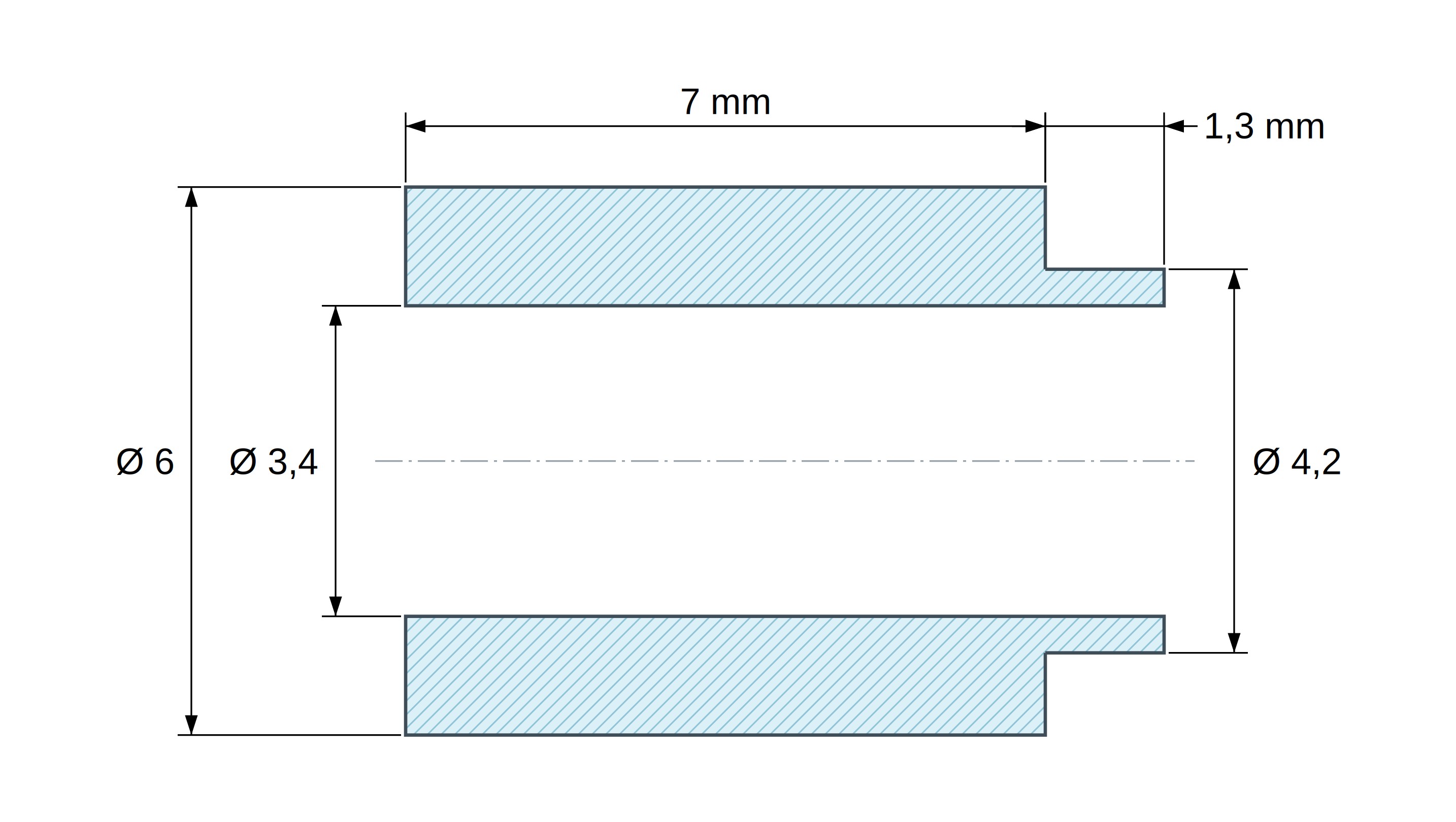 Disegno quotato del distanziale con spallamento PA6-FV Ø3,4×6 mm, spallamento Ø4,2×1,3 mm, per M3, UL94-HB