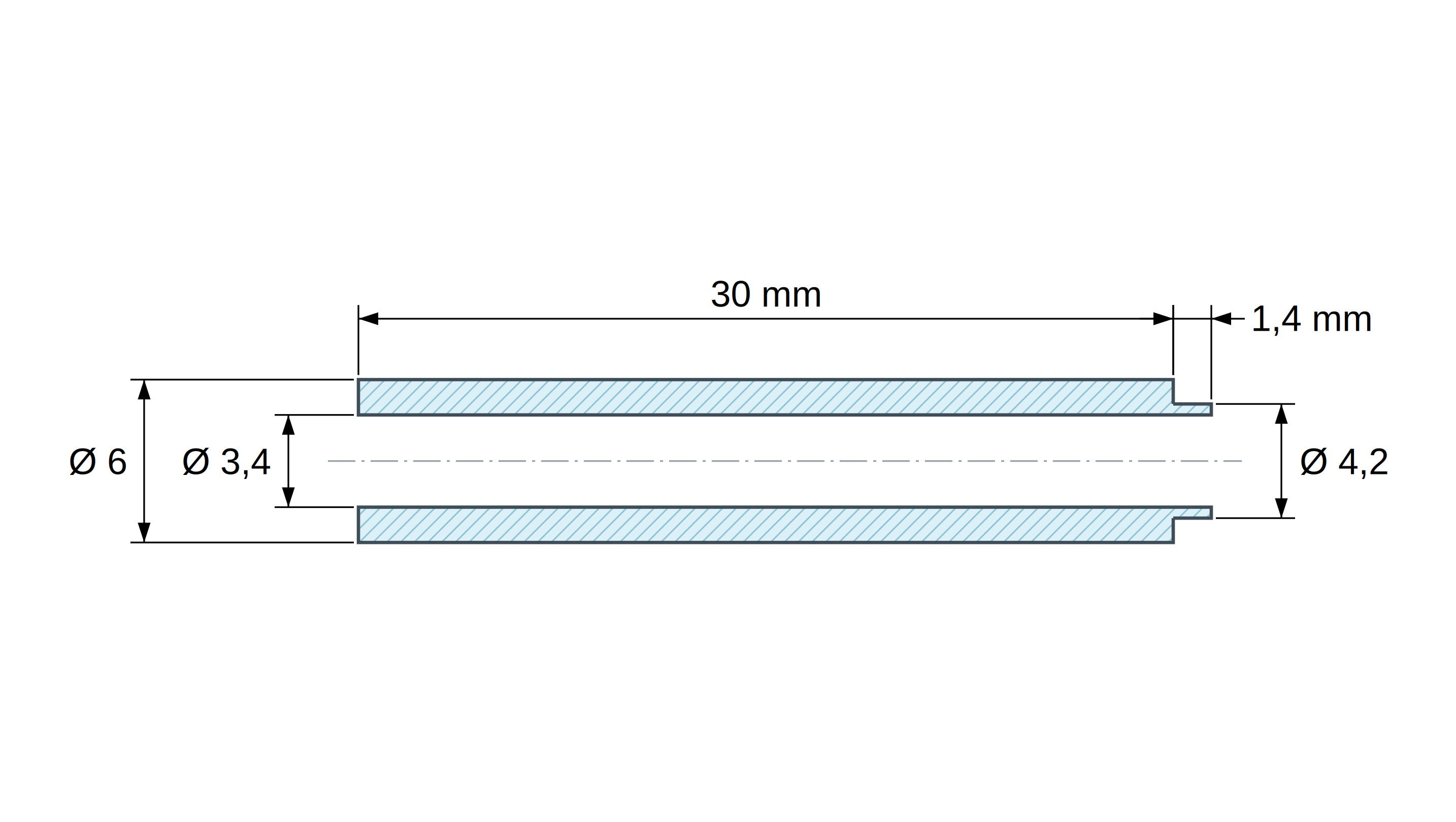 Disegno quotato del distanziale con spallamento PA6-FV Ø3,4×6 mm, spallamento Ø4,2×1,4 mm, per M3, UL94-HB