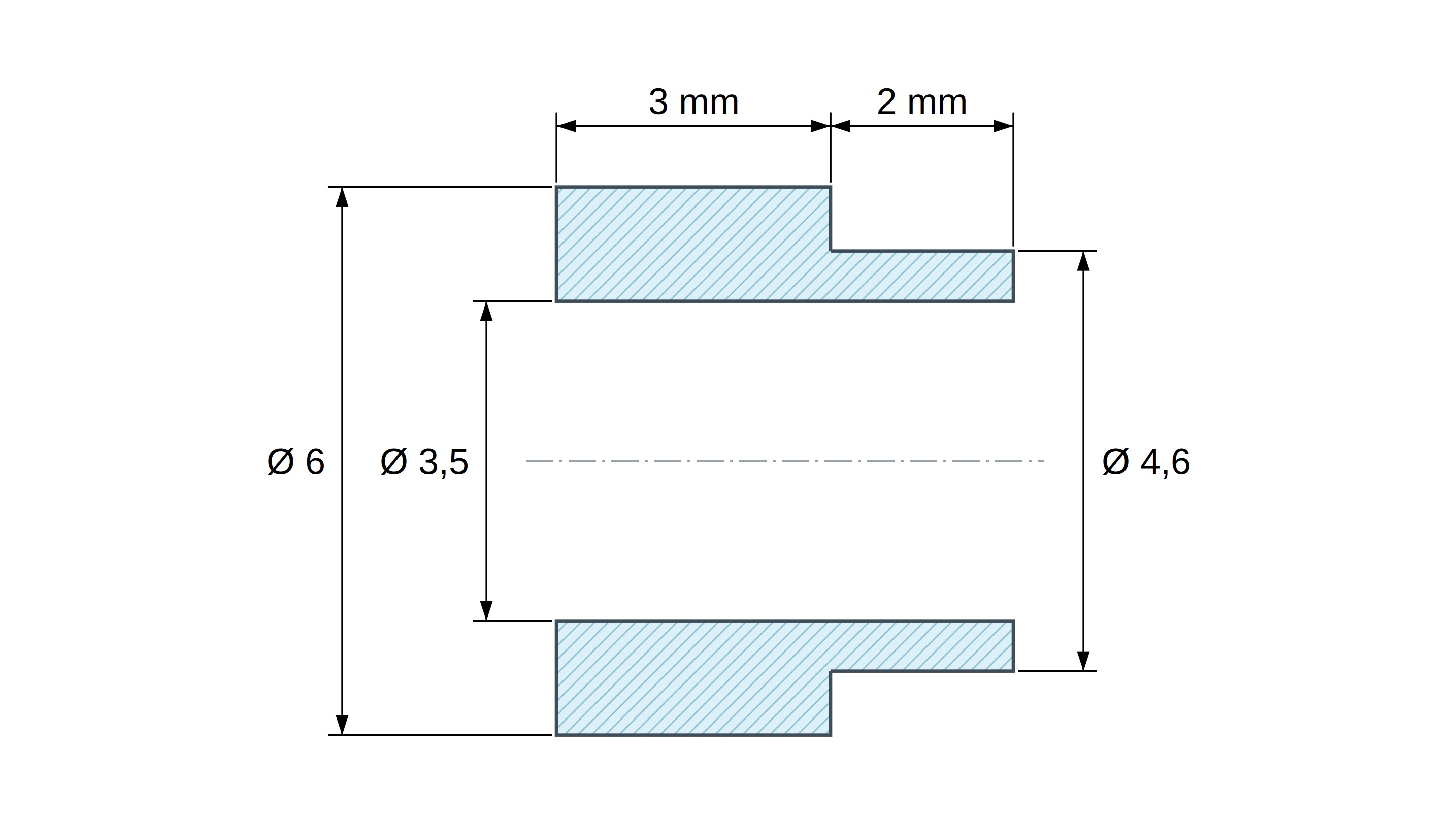Disegno quotato del distanziale con spallamento PA6-FV Ø3,5×6 mm, spallamento Ø4,6×2 mm, per M3, UL94-HB