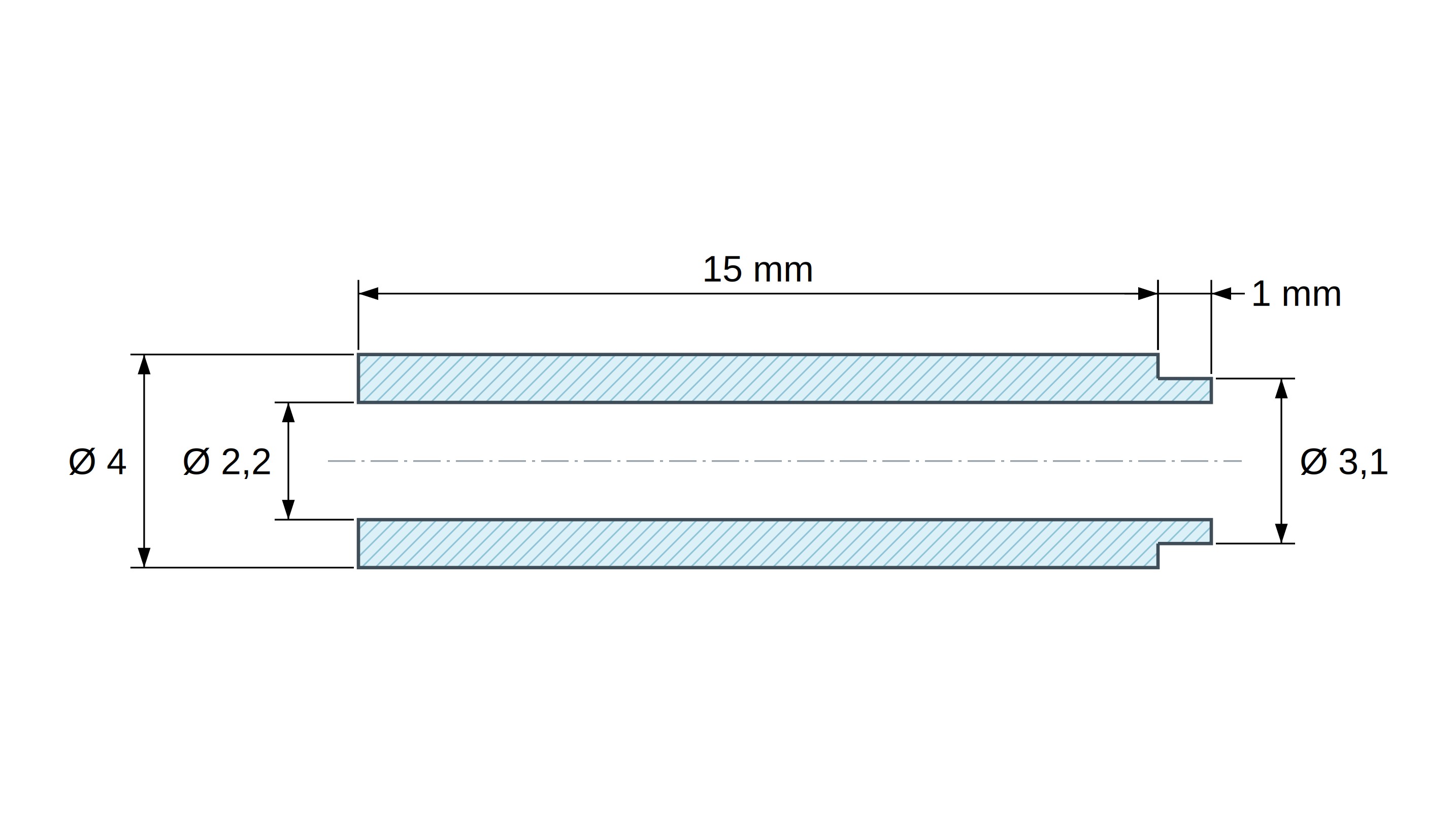 Disegno quotato del distanziale con spallamento PA6-FV Ø2,2×4 mm, spallamento Ø3,1×1 mm, per M2, UL94-HB