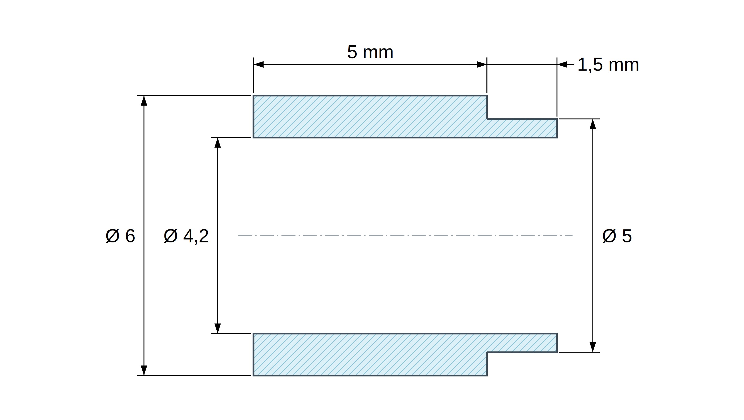 Disegno quotato del distanziale con spallamento PA6-FV Ø4,2×6 mm, spallamento Ø5×1,5 mm, per M4, UL94-HB