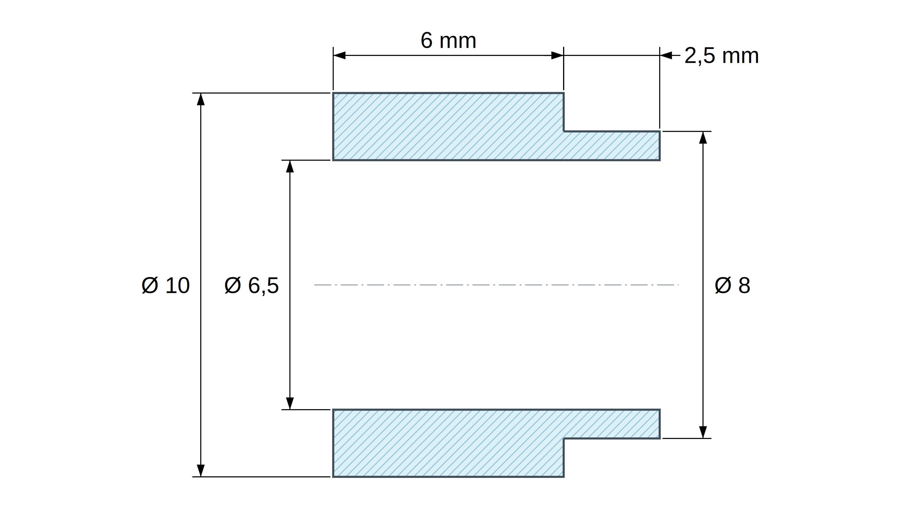 Disegno quotato del distanziale con spallamento PA6-FV Ø6,5×10 mm, spallamento Ø8×2,5 mm, per M6, UL94-HB