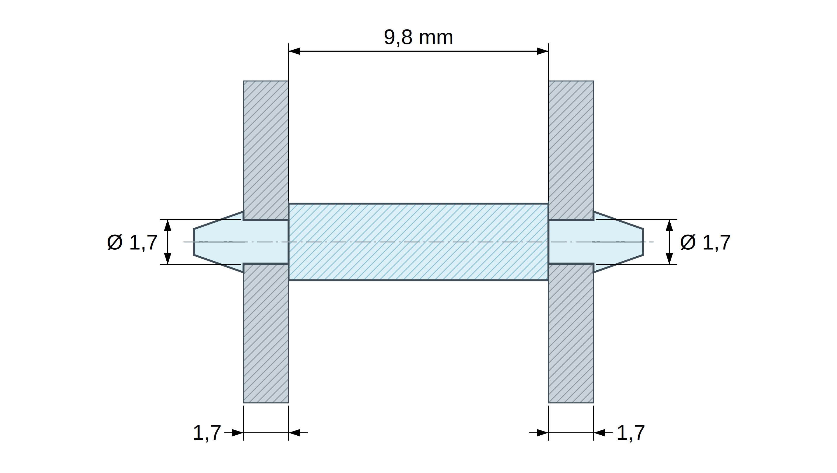 Disegno quotato di Supporto PCB a doppio innesto, PA6.6 naturale, UL94-V2, foro PCB Ø1,7 mm, spessore PCB 1,7 mm