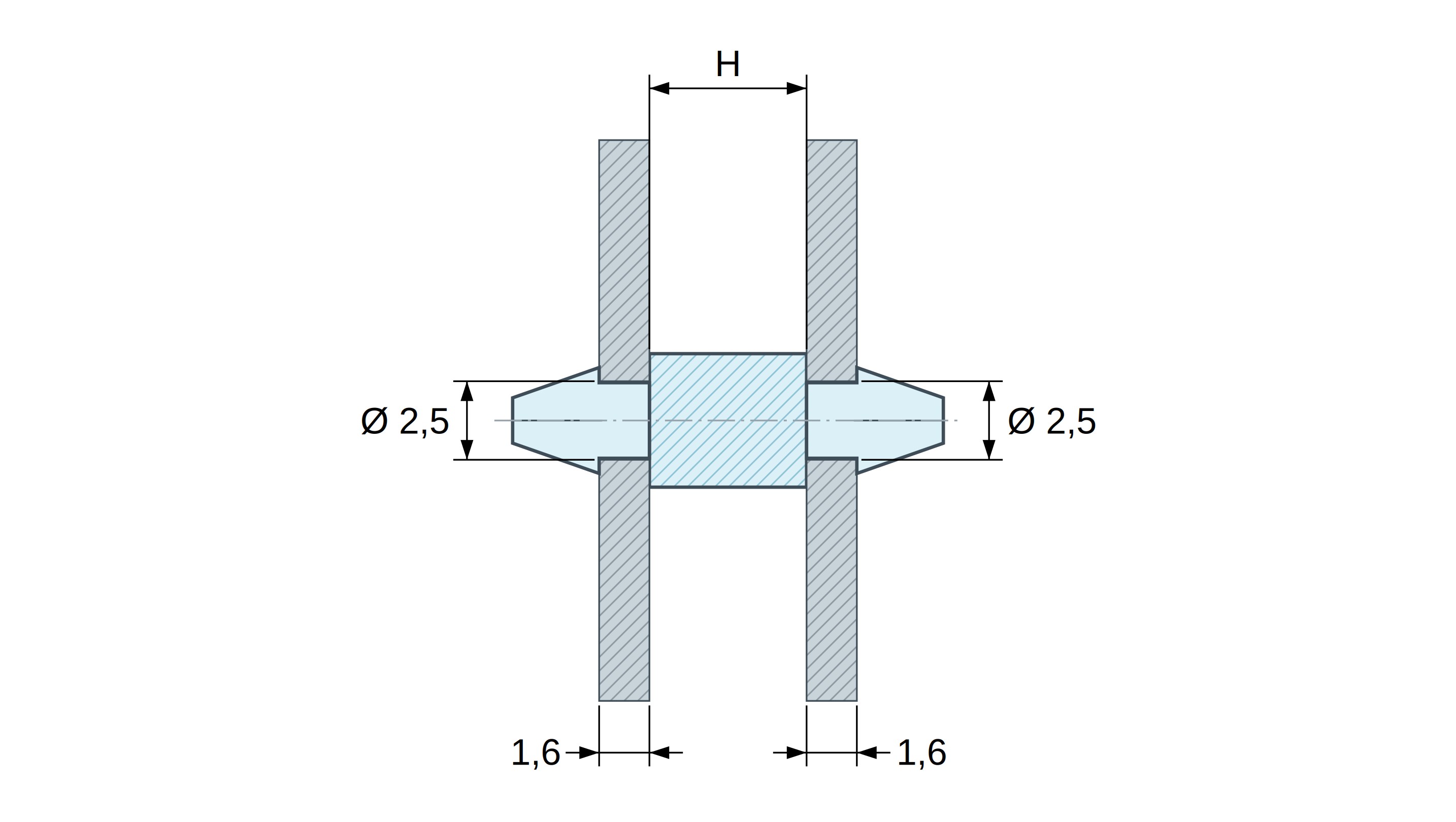 Disegno quotato: Supporto PCB a doppio scatto, poliammide PA6.6 naturale UL94-V2, foro PCB Ø2,5 mm, PCB 1,6 mm