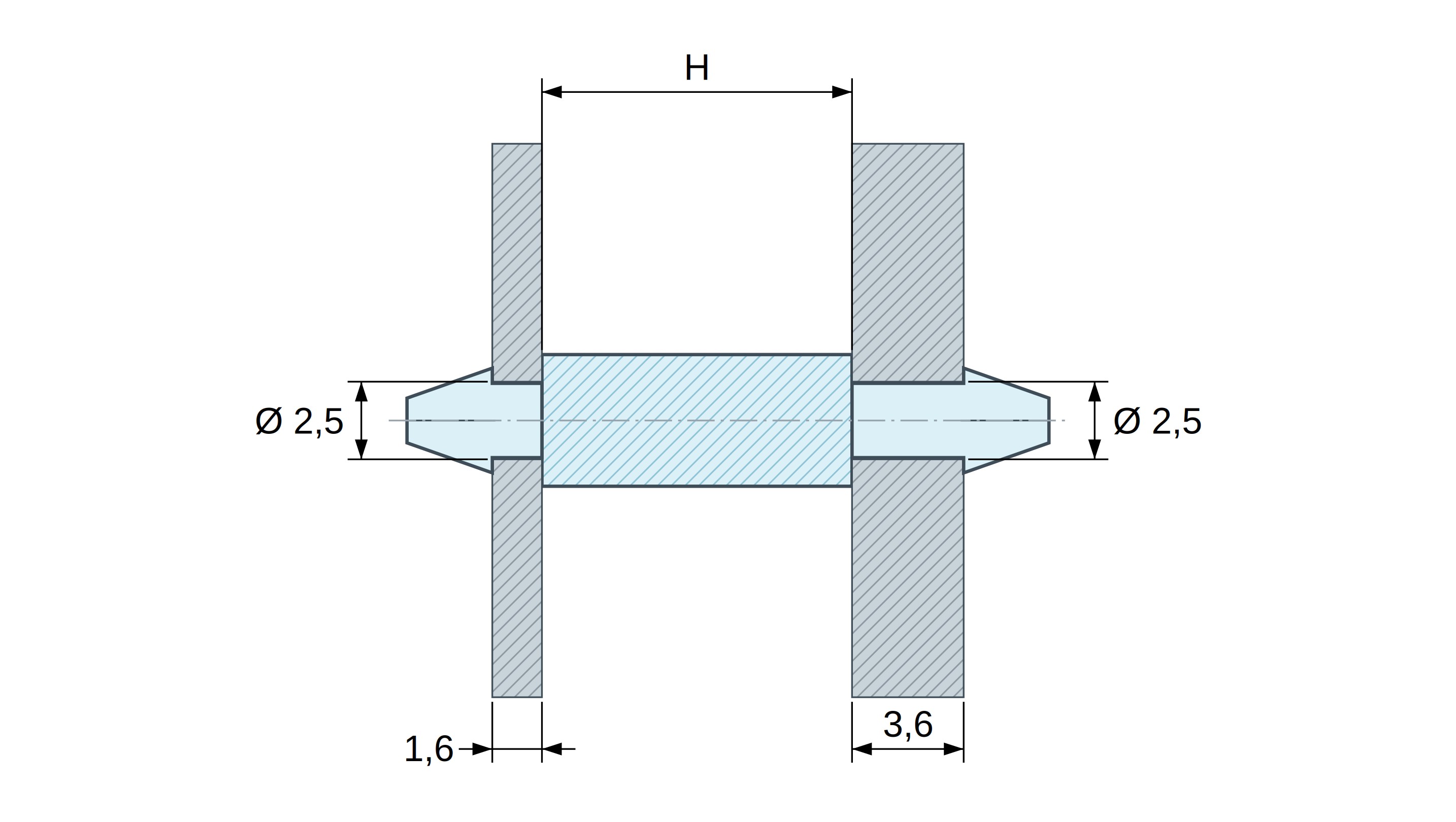 Supporto PCB a doppio innesto, Poliammide PA6.6, naturale, UL94-V2, PCB Ø2,5/1,6 mm / CH Ø2,5/3,6 mm