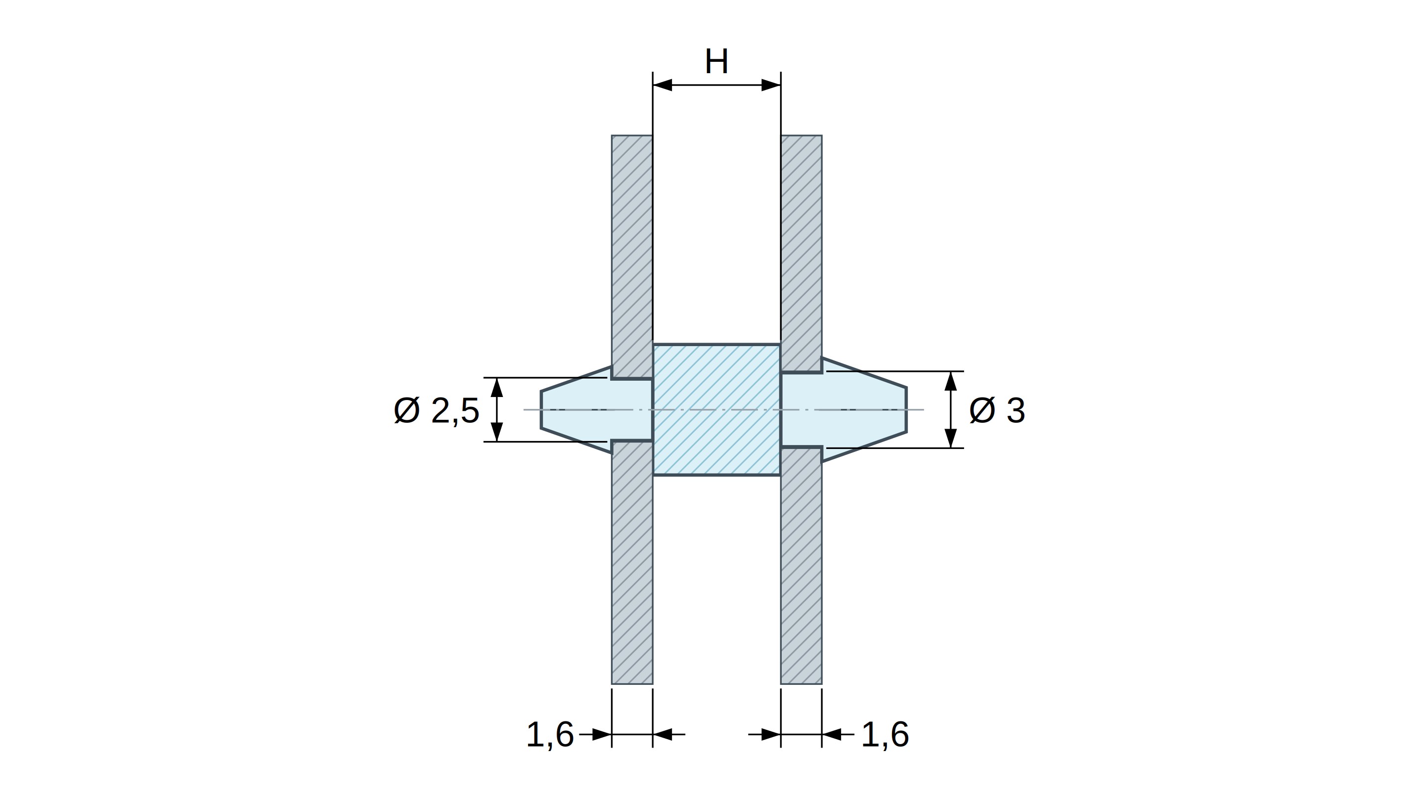 Disegno quotato: Supporto PCB a doppio scatto, poliammide PA6.6 nera UL94-HB, PCB Ø2,5 mm 1,6 mm / telaio Ø3 mm 1,6 mm