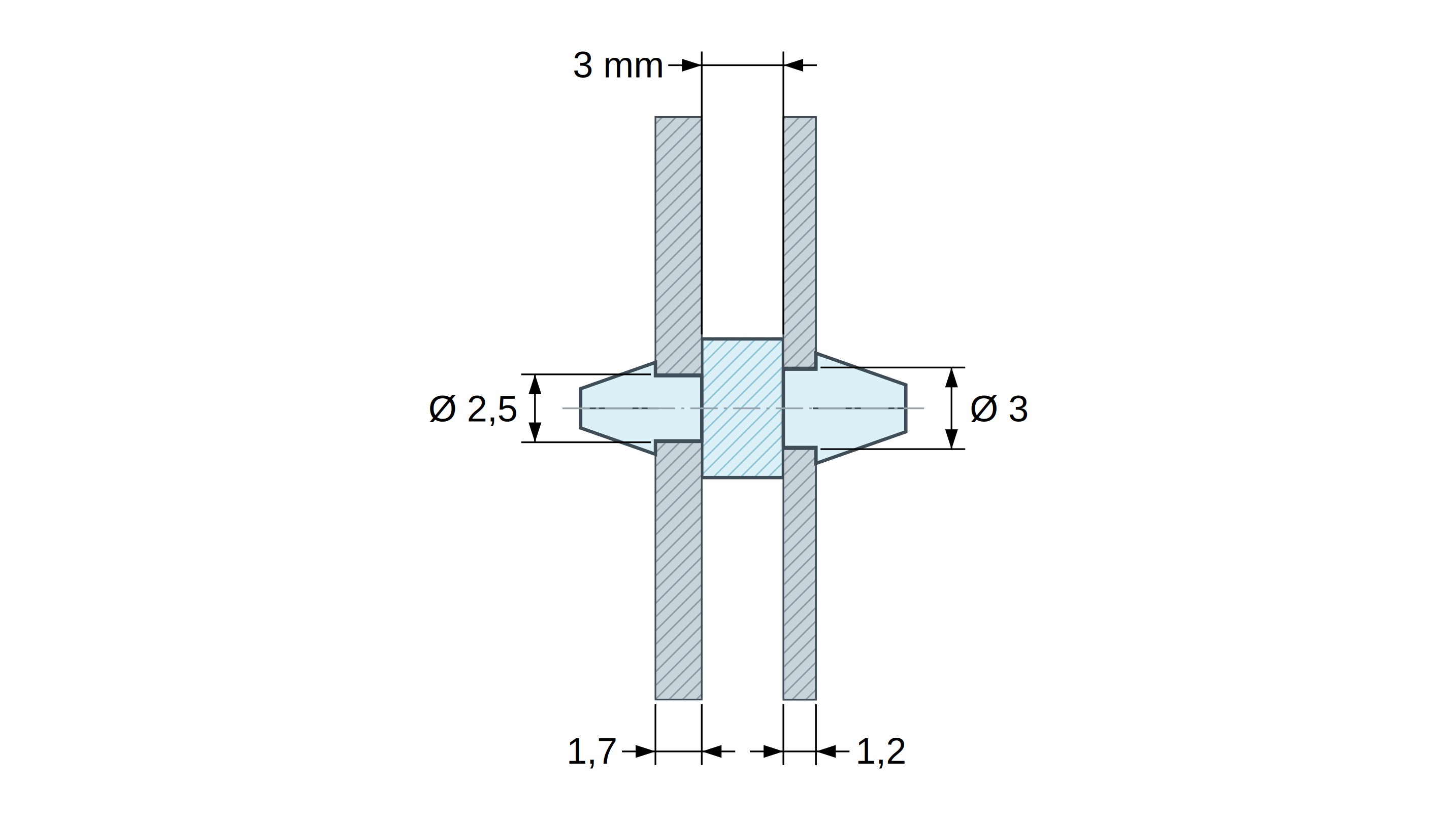 Supporto PCB a doppio innesto, Poliammide PA6.6, naturale, UL94-V2, PCB Ø2,5/1,7 mm / CH Ø3/1,2 mm Supporto PCB a doppio innesto, Poliammide PA6.6, naturale, UL94-V2, PCB Ø2,5/1,7 mm / CH Ø3/1,2 mm