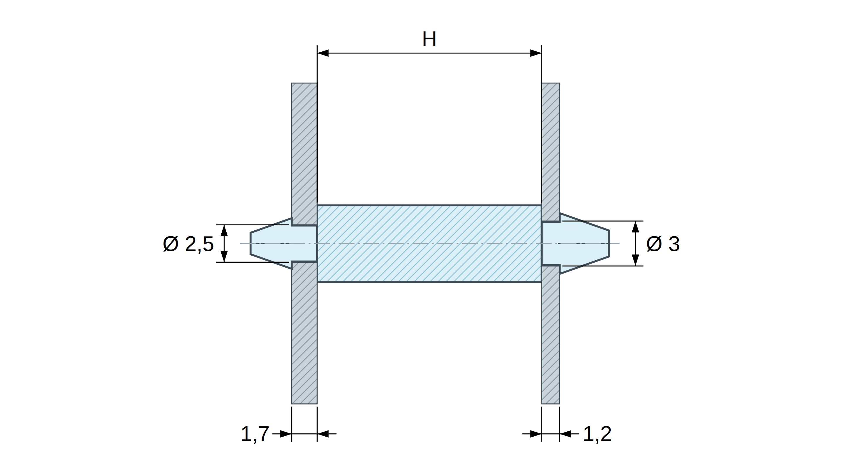 Supporto PCB a doppio innesto, Poliammide PA6.6, nera, UL94-HB, PCB Ø2,5/1,7 mm / CH Ø3/1,2 mm Supporto PCB a doppio innesto, Poliammide PA6.6, nera, UL94-HB, PCB Ø2,5/1,7 mm / CH Ø3/1,2 mm