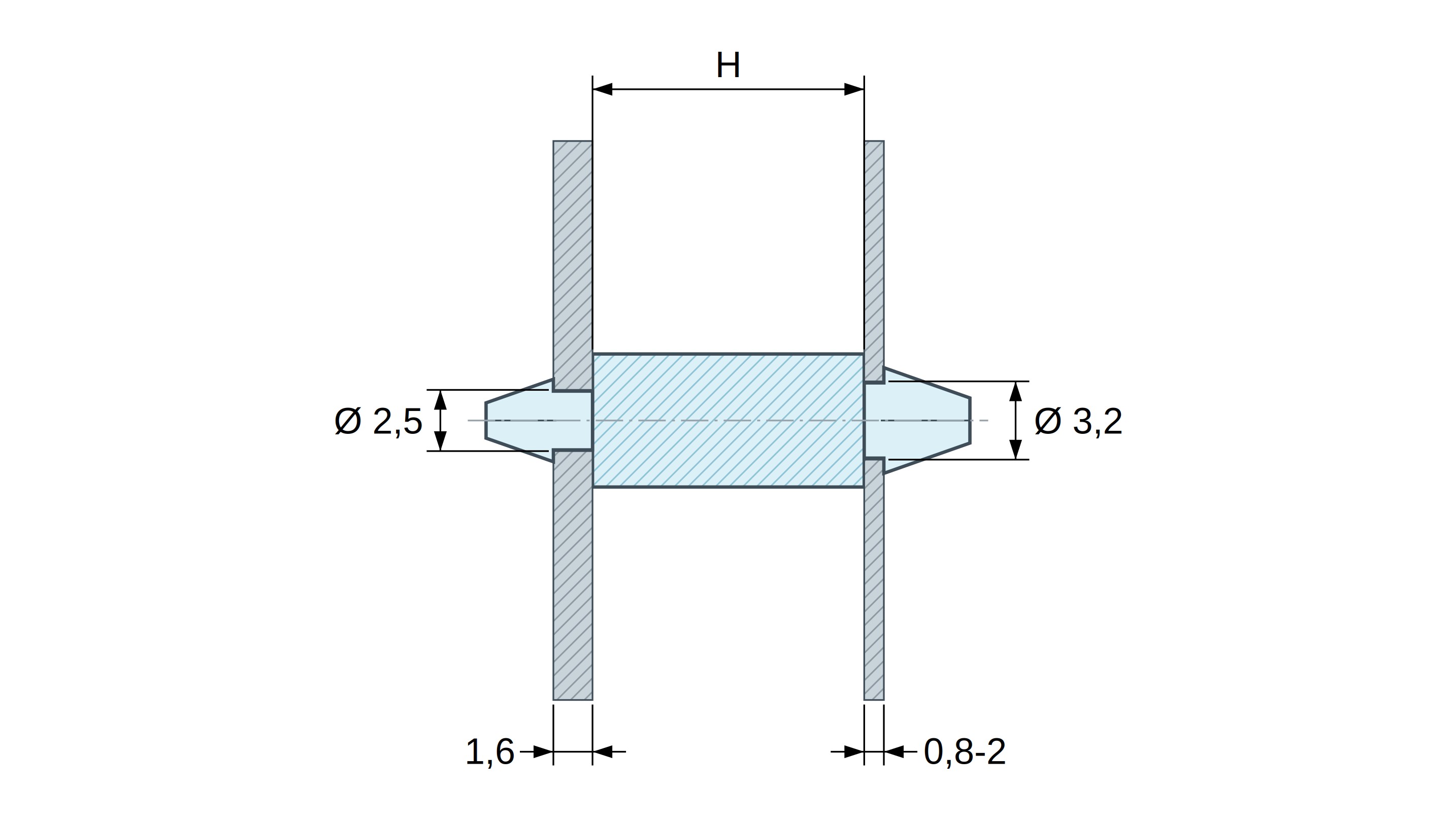 Supporto PCB a doppio innesto, Poliammide PA6.6, naturale, UL94-V2, PCB Ø2,5/1,6 mm / CH Ø3,2/0,8–2 mm