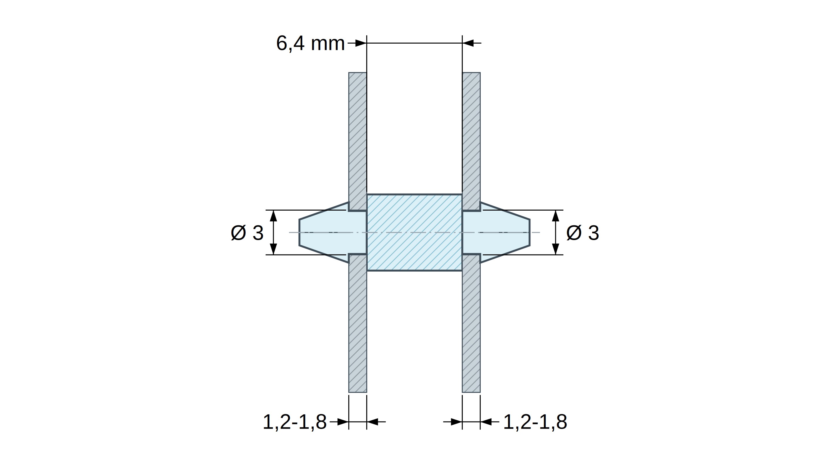 Disegno quotato di Supporto PCB a doppio innesto, PA6.6 nero, UL94-V2, foro PCB Ø3 mm, spessore PCB 1,2–1,8 mm Disegno quotato di Supporto PCB a doppio innesto, PA6.6 nero, UL94-V2, foro PCB Ø3 mm, spessore PCB 1,2–1,8 mm