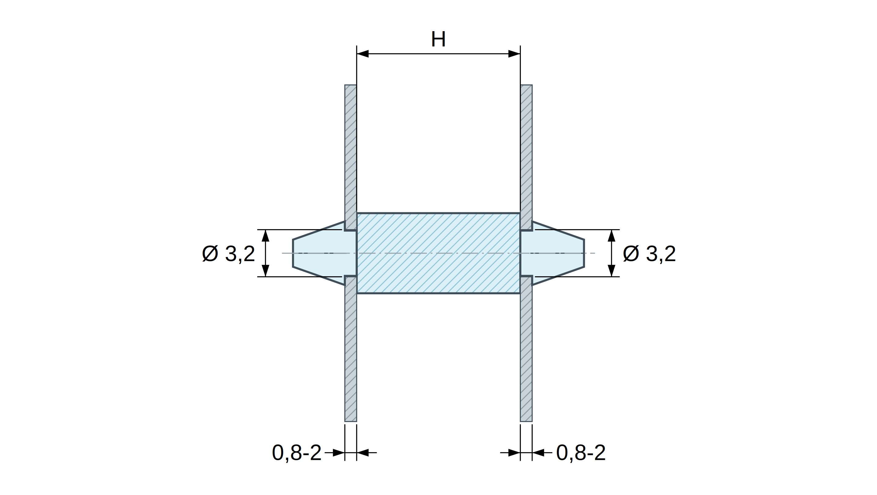 Disegno quotato di Supporto PCB a doppio innesto, PA6.6 naturale, UL94-V2, foro PCB Ø3,2 mm, spessore PCB 0,8–2 mm