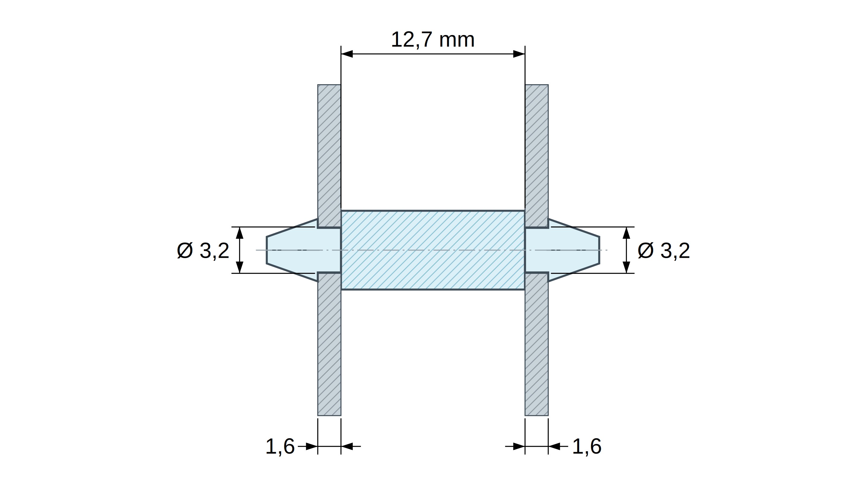 Disegno quotato di Supporto PCB a doppio innesto, PA6.6 naturale, UL94-V0, foro PCB Ø3,2 mm, spessore PCB 1,6 mm