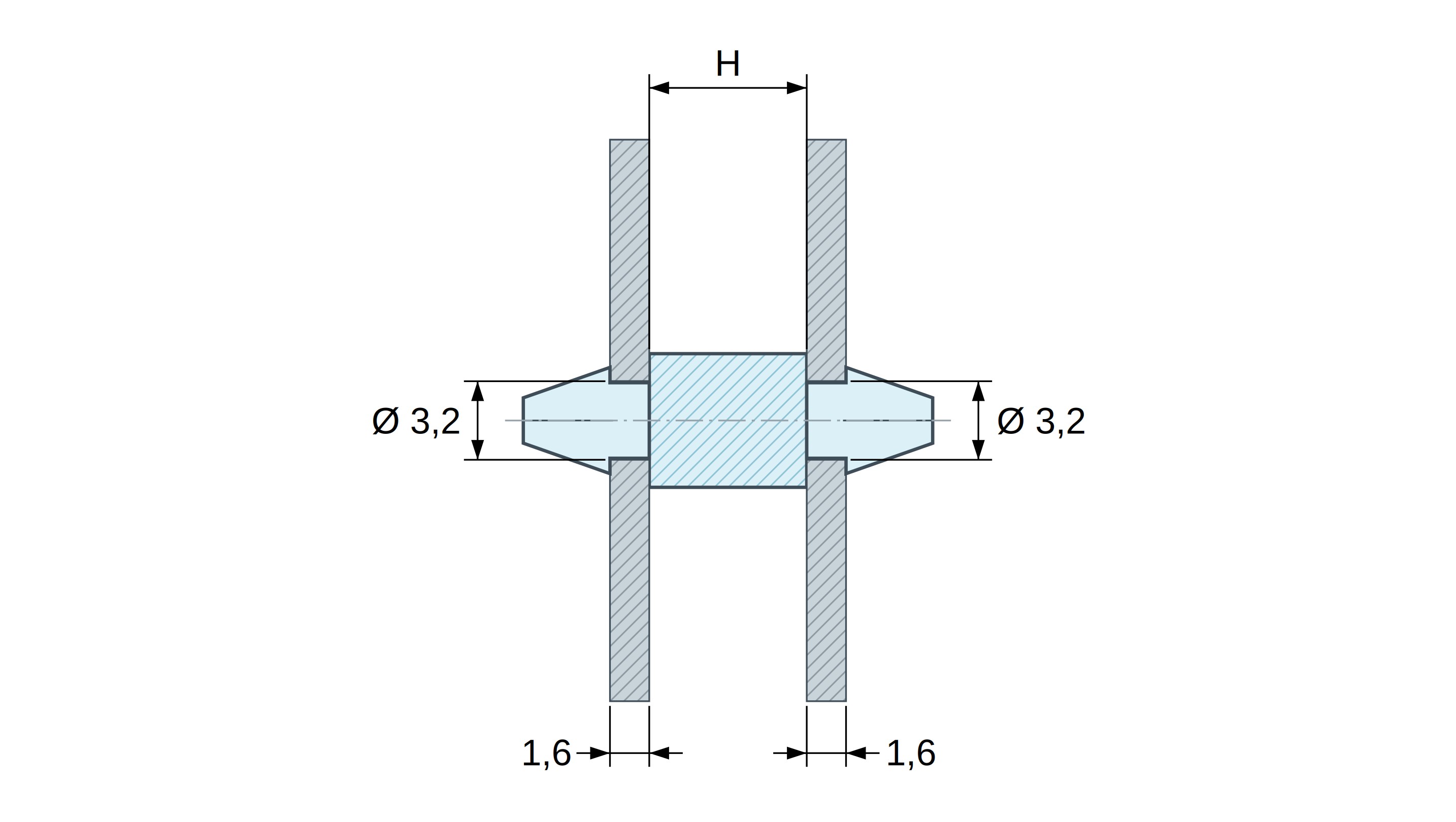 Disegno quotato: Supporto PCB a doppio scatto, poliammide PA6.6 naturale UL94-V2, foro PCB Ø3,2 mm, PCB 1,6 mm