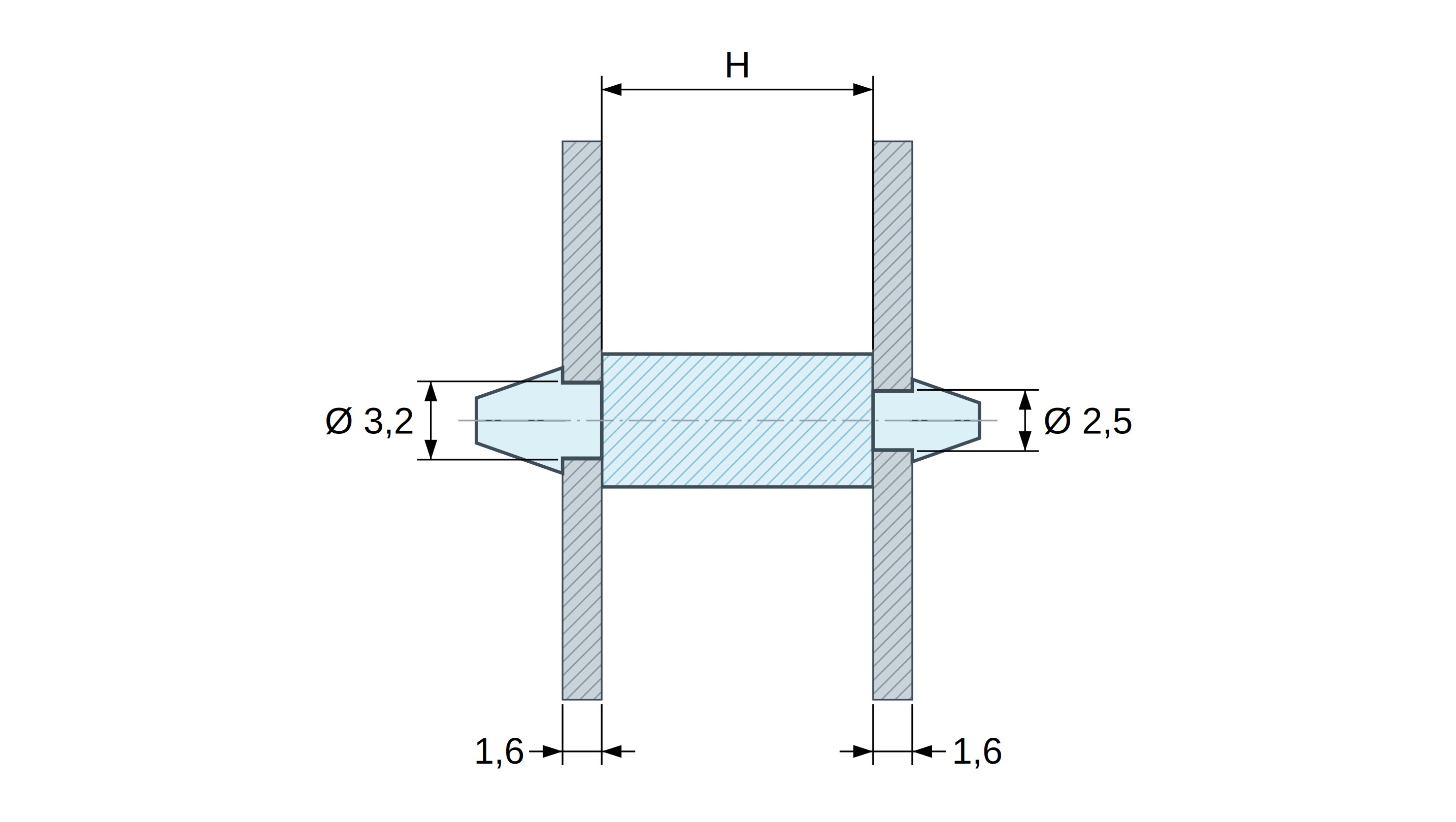 Supporto PCB a doppio innesto, Poliammide PA6.6, naturale, UL94-V2, PCB Ø3,2/1,6 mm / CH Ø2,5/1,6 mm
