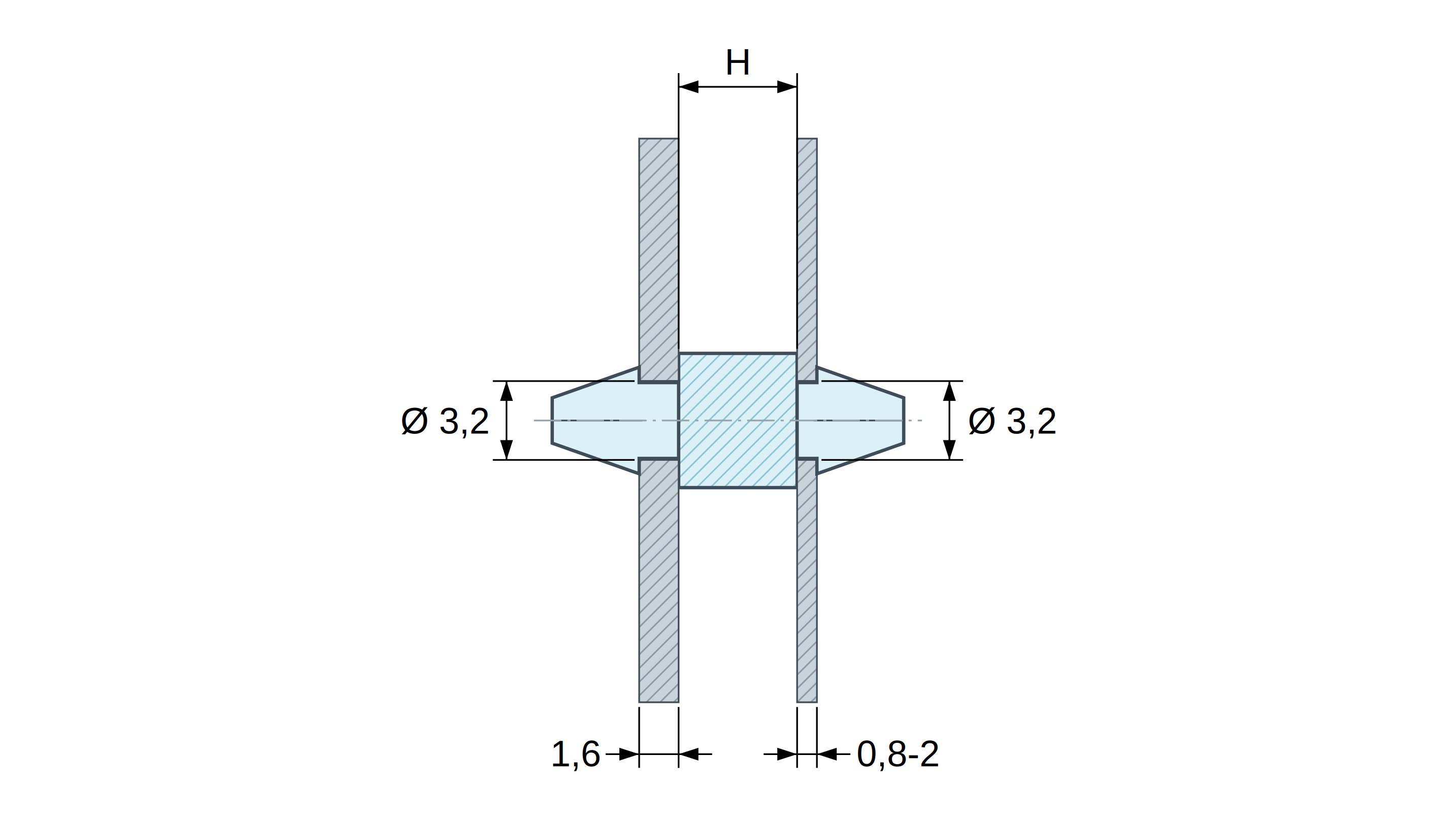 Disegno quotato: Supporto PCB a doppio scatto, poliammide PA6.6 naturale UL94-V2, PCB Ø3,2 mm 1,6 mm / telaio Ø3,2 mm 0,8–2 mm