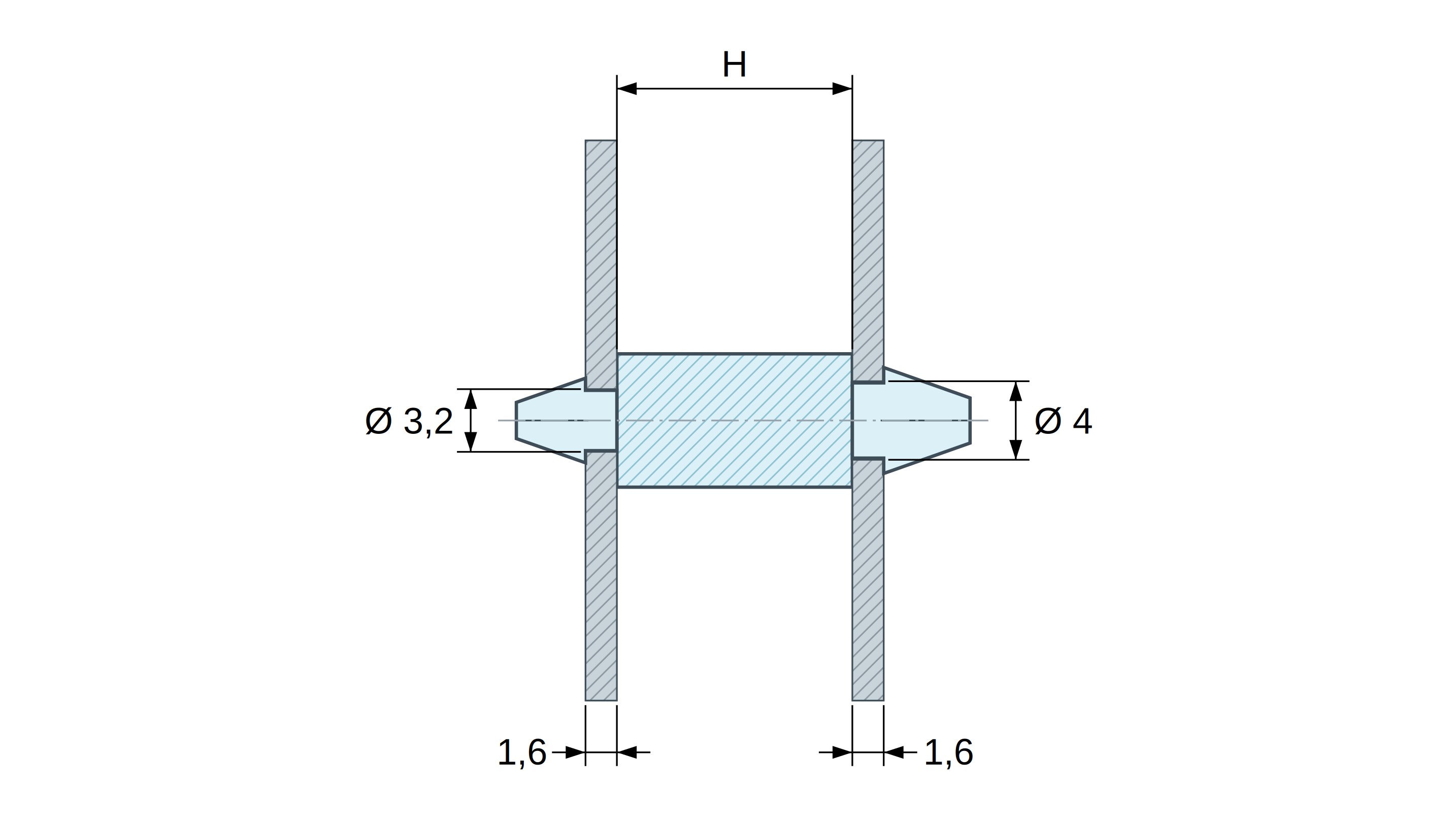 Supporto PCB a doppio innesto, Poliammide PA6.6, nera, UL94-HB, PCB Ø3,2/1,6 mm / CH Ø4/1,6 mm Supporto PCB a doppio innesto, Poliammide PA6.6, nera, UL94-HB, PCB Ø3,2/1,6 mm / CH Ø4/1,6 mm