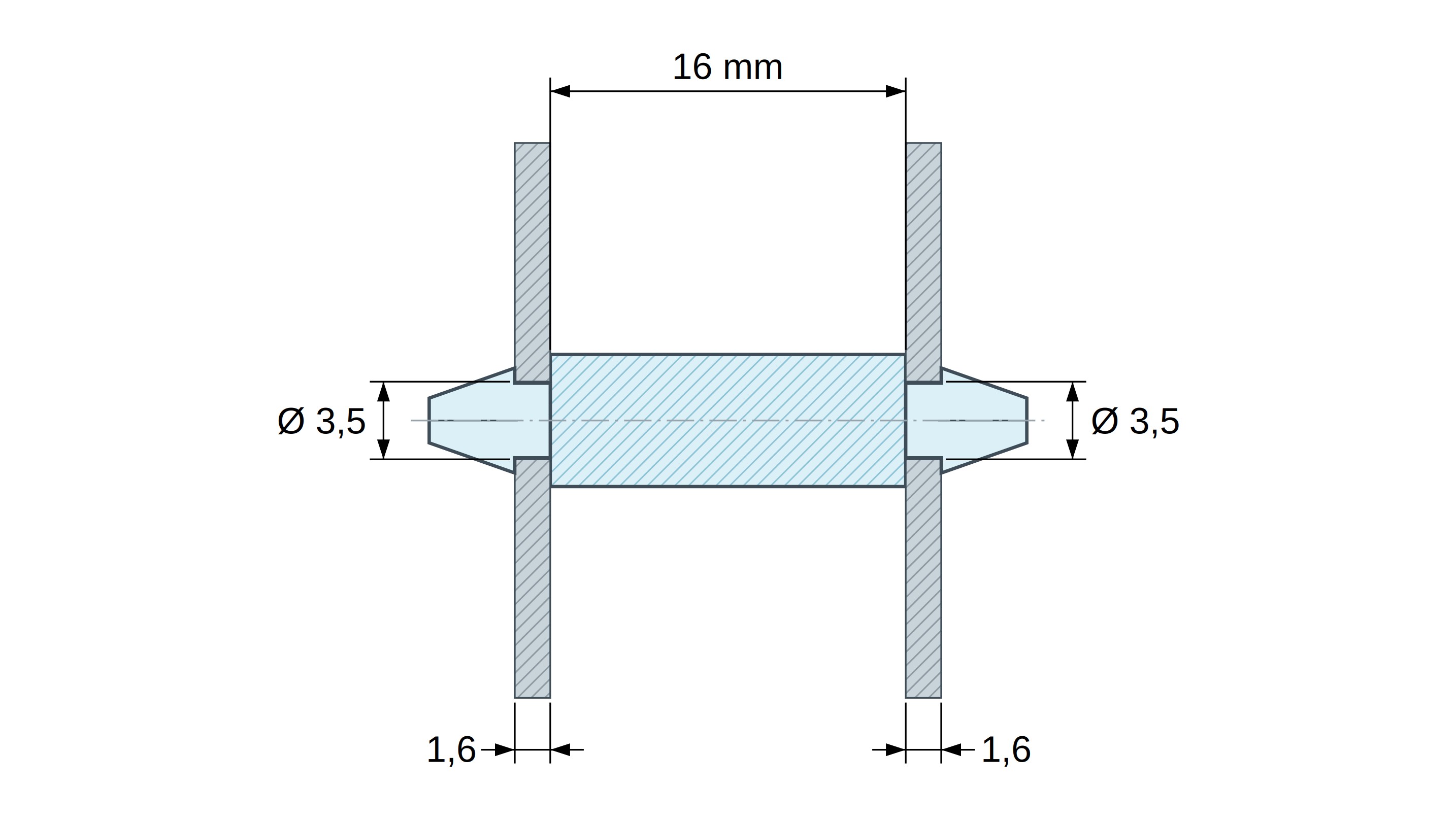 Disegno quotato di Supporto PCB a doppio innesto, PA6.6 naturale, UL94-V0, foro PCB Ø3,5 mm, spessore PCB 1,6 mm Disegno quotato di Supporto PCB a doppio innesto, PA6.6 naturale, UL94-V0, foro PCB Ø3,5 mm, spessore PCB 1,6 mm