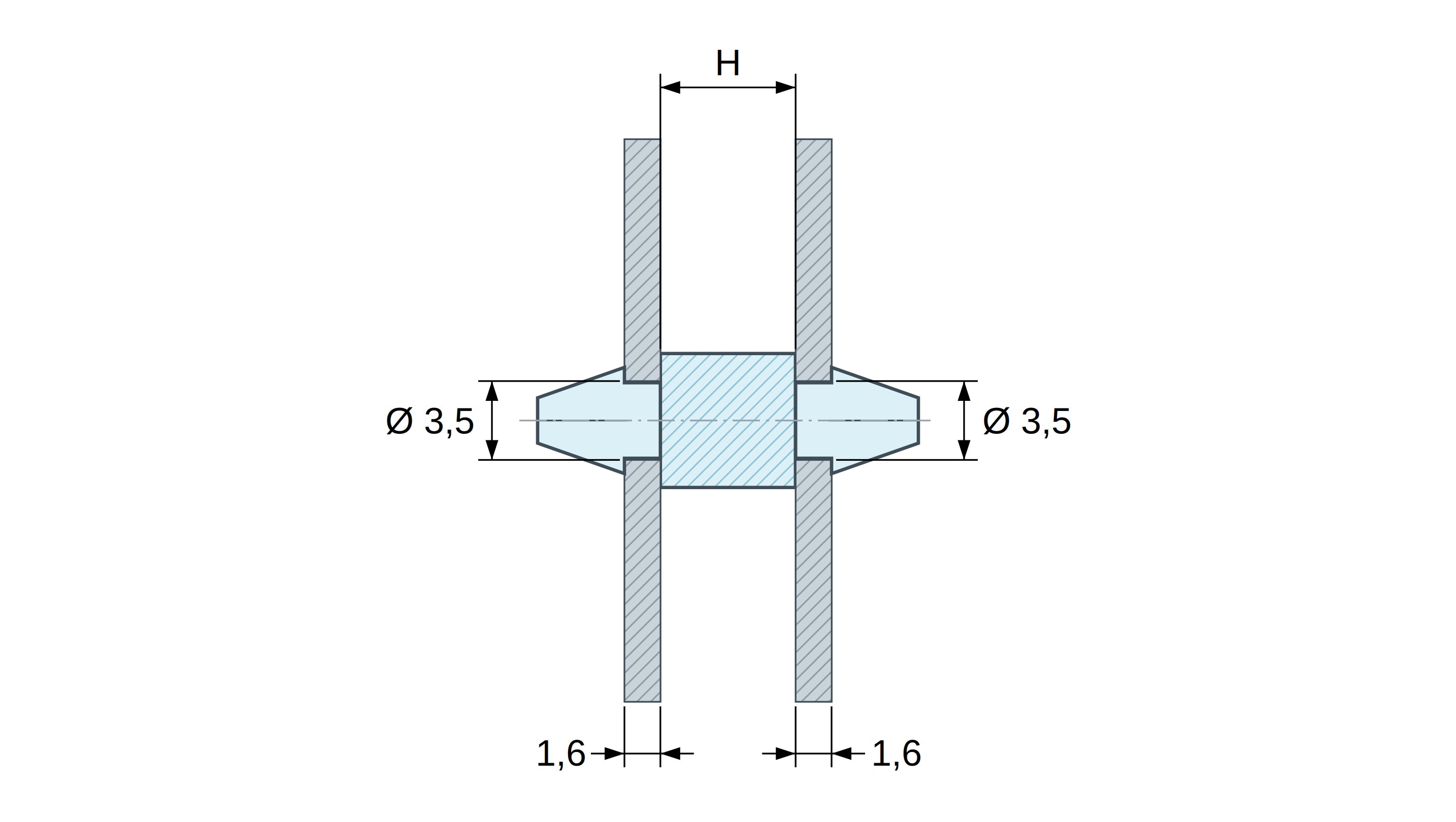 Disegno quotato: Supporto PCB a doppio scatto, poliammide PA6.6 naturale UL94-V2, foro PCB Ø3,5 mm, PCB 1,6 mm