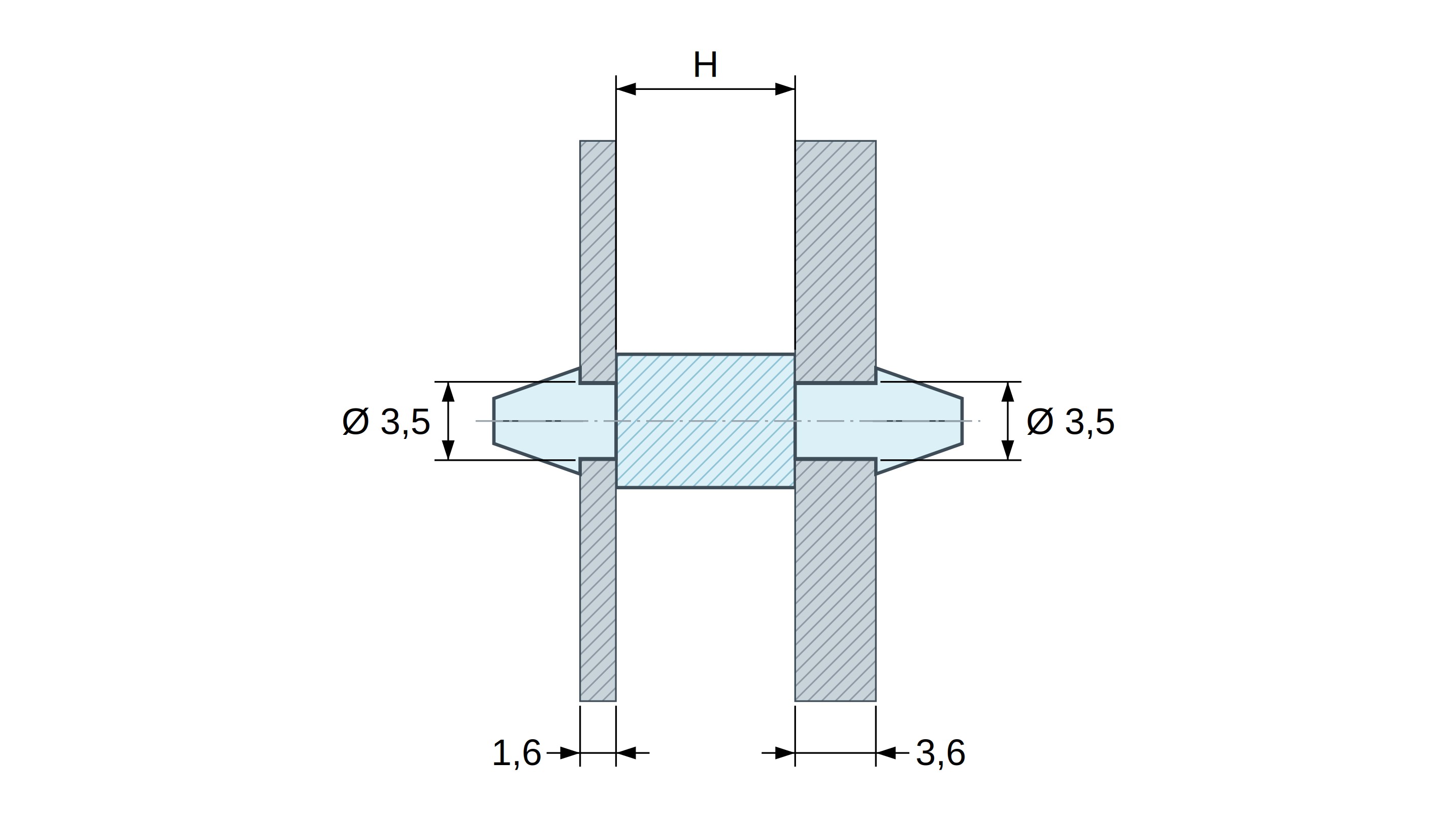 Disegno quotato: Supporto PCB a doppio scatto, poliammide PA6.6 naturale UL94-V2, PCB Ø3,5 mm 1,6 mm / telaio Ø3,5 mm 3,6 mm Disegno quotato: Supporto PCB a doppio scatto, poliammide PA6.6 naturale UL94-V2, PCB Ø3,5 mm 1,6 mm / telaio Ø3,5 mm 3,6 mm