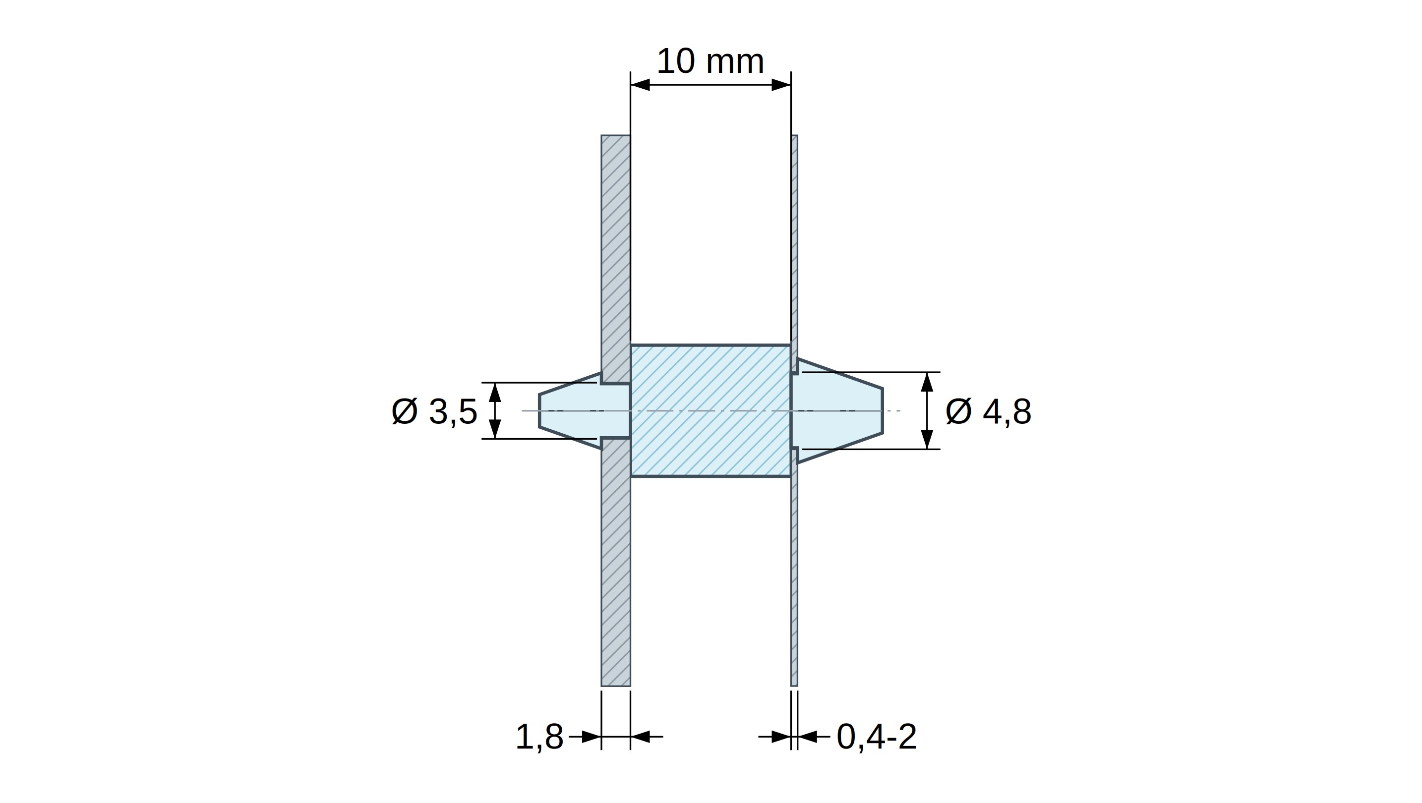 Supporto PCB a doppio innesto, Poliammide PA6.6, naturale, UL94-V2, PCB Ø3,5/1,8 mm / CH Ø4,8/0,4–2 mm Supporto PCB a doppio innesto, Poliammide PA6.6, naturale, UL94-V2, PCB Ø3,5/1,8 mm / CH Ø4,8/0,4–2 mm