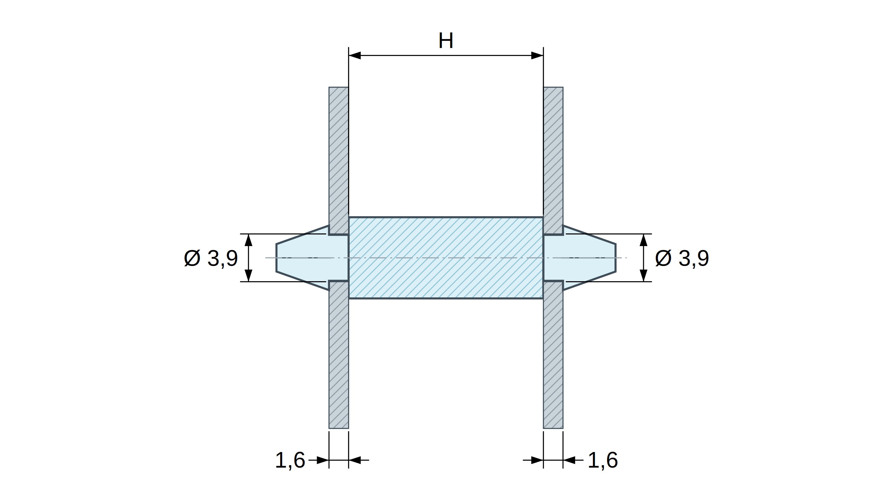 Disegno quotato di Supporto PCB a doppio innesto, PA6.6 naturale, UL94-V2, foro PCB Ø3,9 mm, spessore PCB 1,6 mm Disegno quotato di Supporto PCB a doppio innesto, PA6.6 naturale, UL94-V2, foro PCB Ø3,9 mm, spessore PCB 1,6 mm