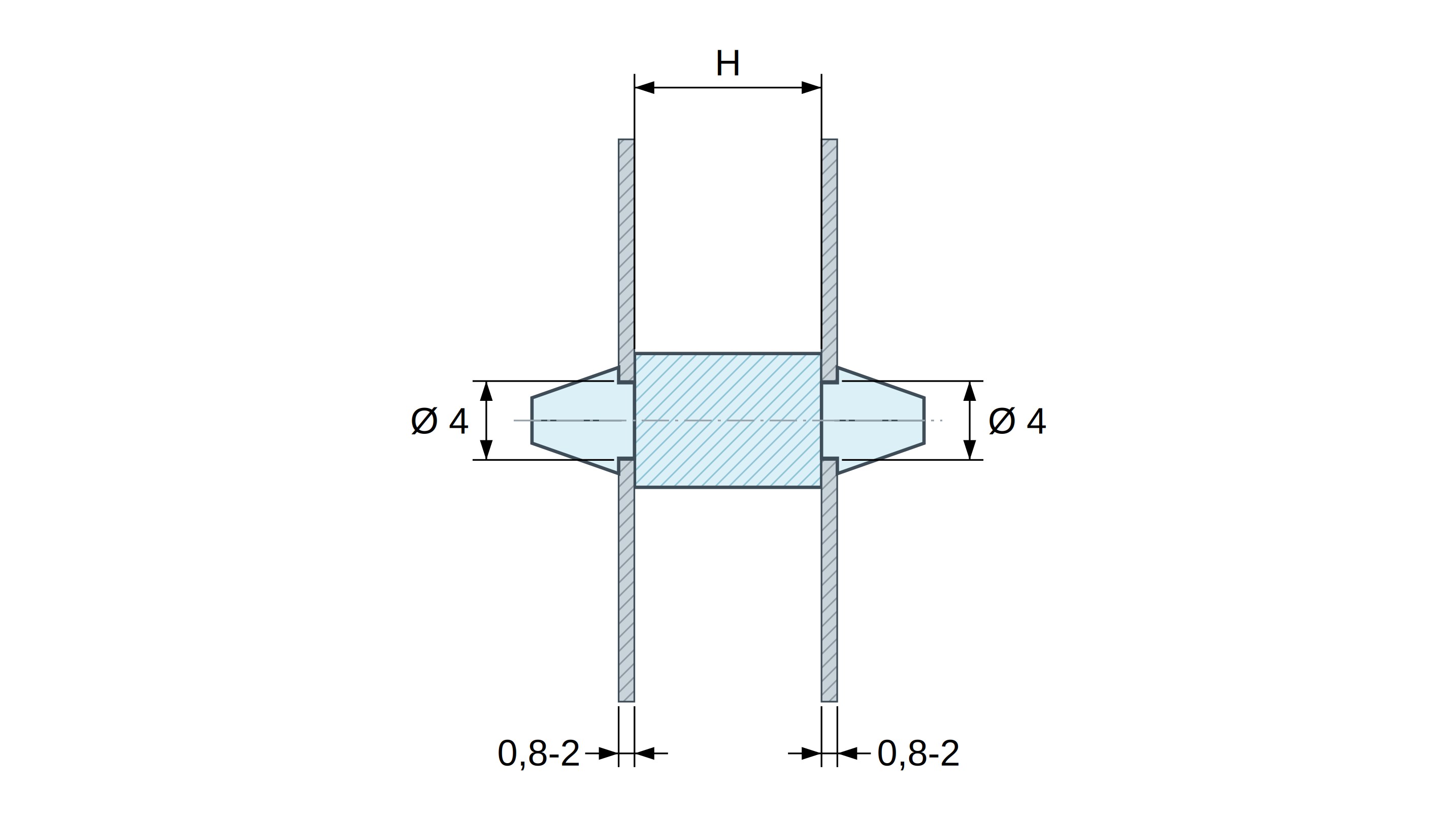 Disegno quotato di Supporto PCB a doppio innesto, PA6.6 naturale, UL94-V2, foro PCB Ø4 mm, spessore PCB 0,8–2 mm