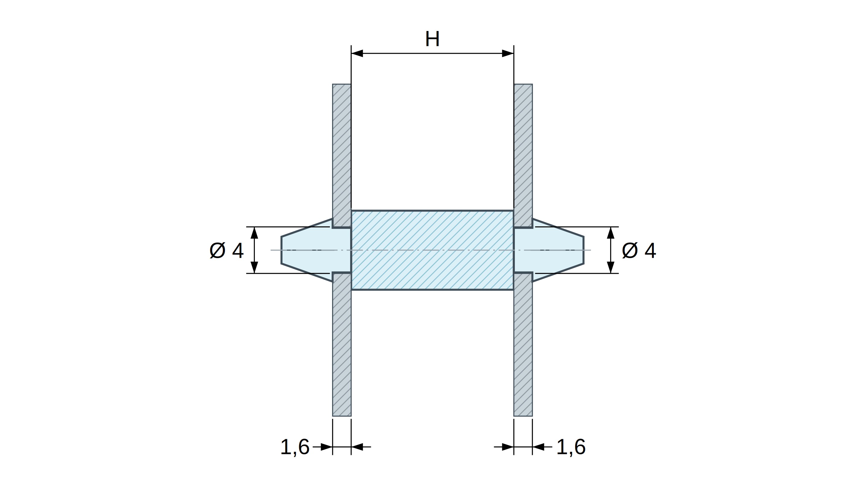 Disegno quotato di Supporto PCB a doppio innesto, PA6.6 naturale, UL94-V2, foro PCB Ø4 mm, spessore PCB 1,6 mm