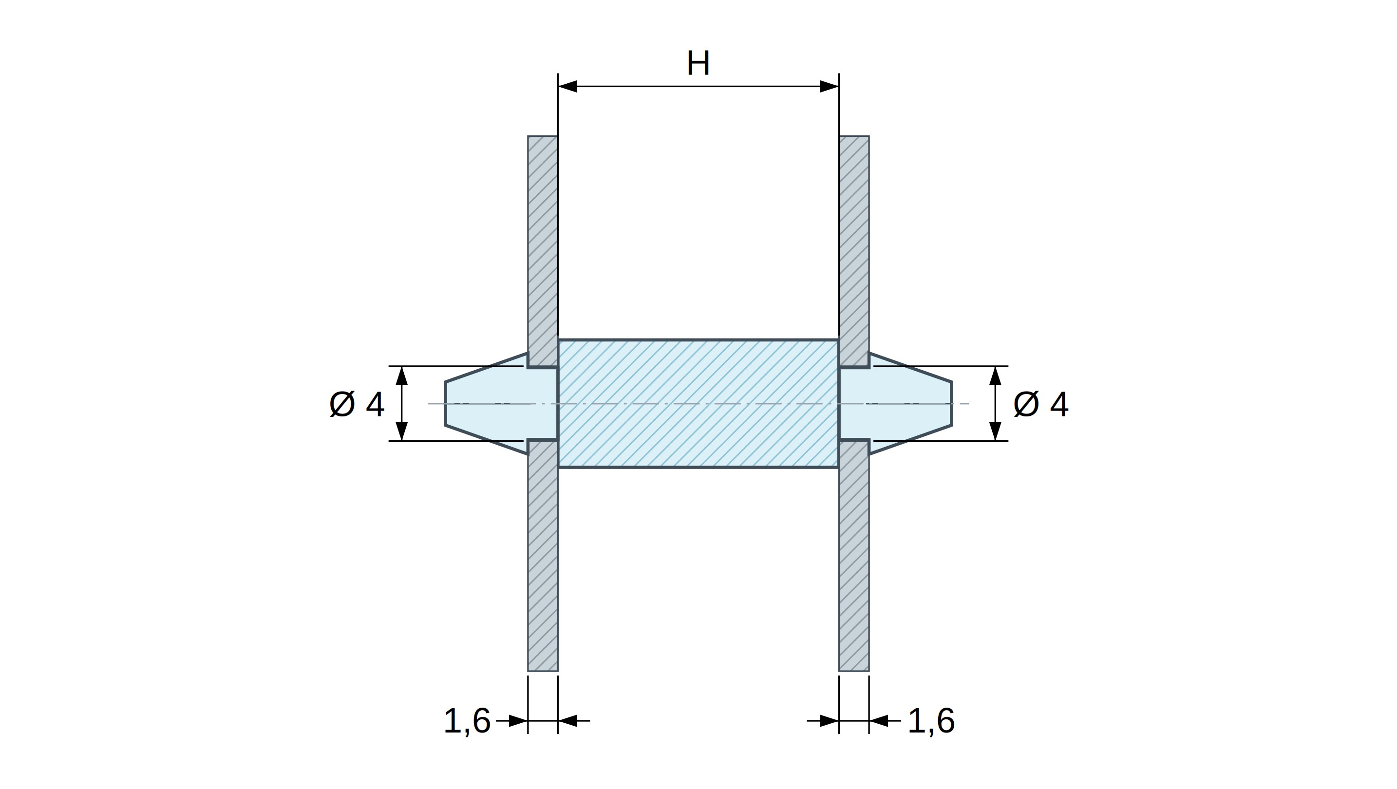 Disegno quotato di Supporto PCB a doppio innesto, PA6.6 nero, UL94-HB, foro PCB Ø4 mm, spessore PCB 1,6 mm