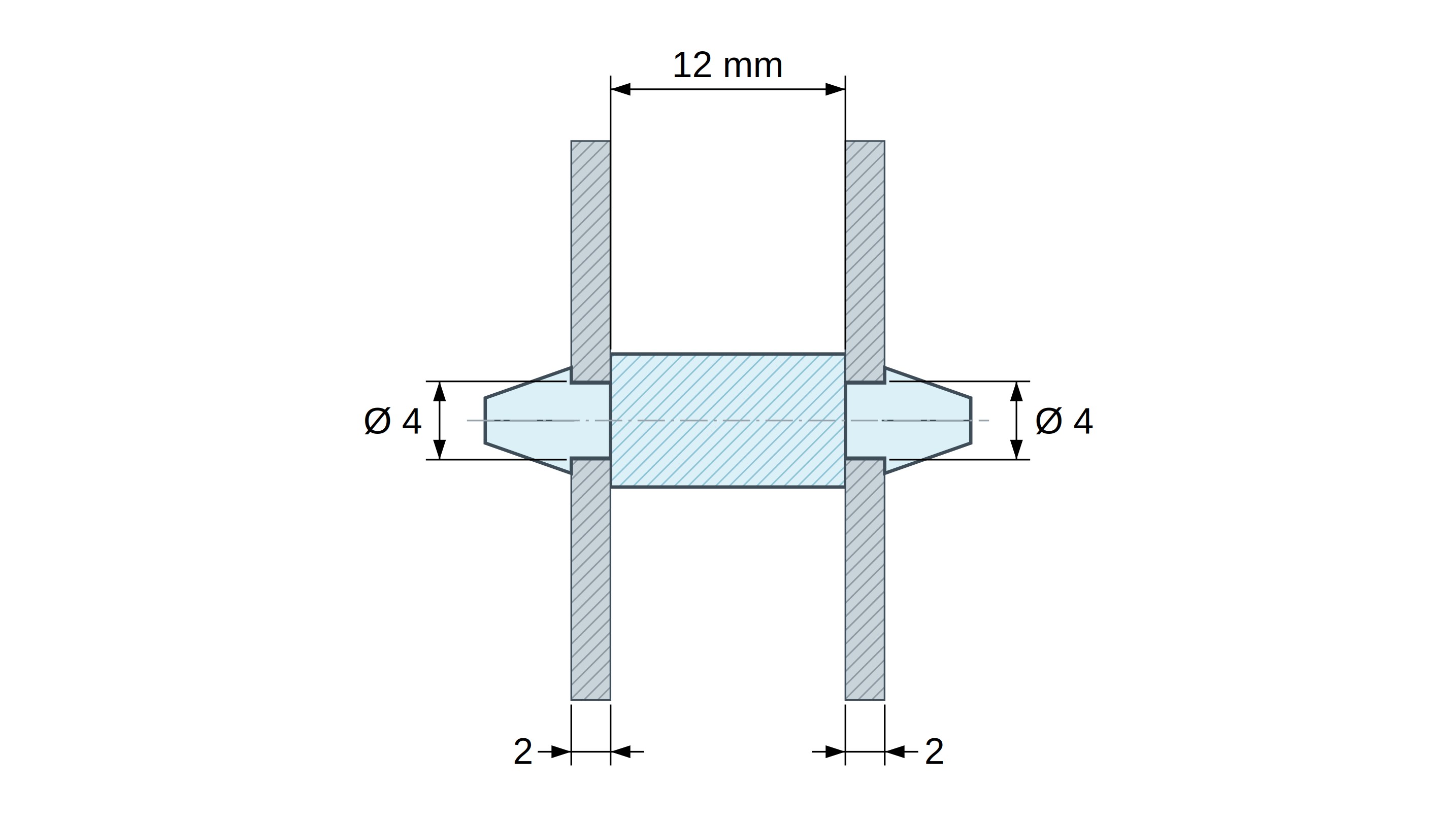 Disegno quotato di Supporto PCB a doppio innesto, PA6.6 naturale, UL94-HB, foro PCB Ø4 mm, spessore PCB 2 mm Disegno quotato di Supporto PCB a doppio innesto, PA6.6 naturale, UL94-HB, foro PCB Ø4 mm, spessore PCB 2 mm