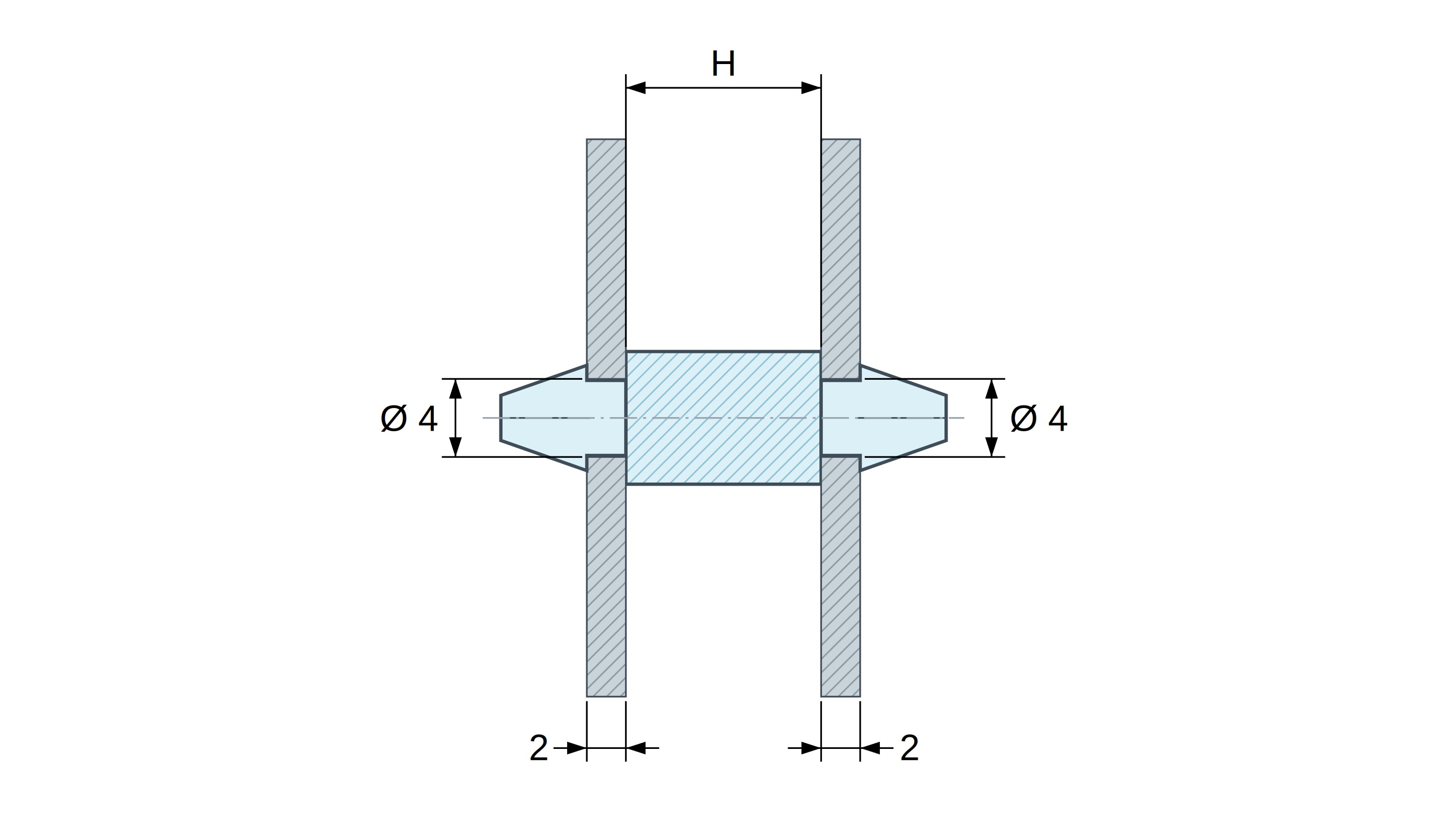 Disegno quotato di Supporto PCB a doppio innesto, PA6.6 nero, UL94-HB, foro PCB Ø4 mm, spessore PCB 2 mm Disegno quotato di Supporto PCB a doppio innesto, PA6.6 nero, UL94-HB, foro PCB Ø4 mm, spessore PCB 2 mm