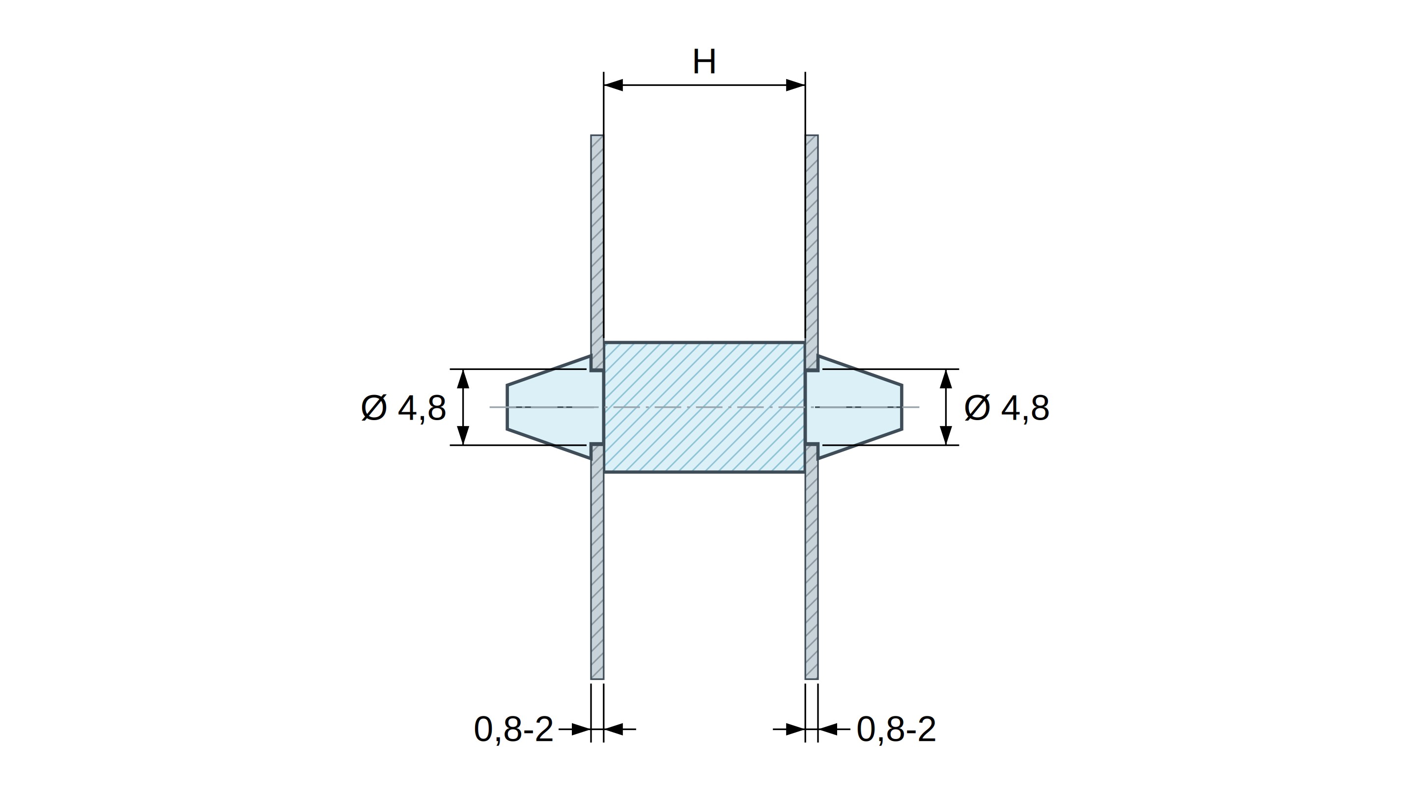 Disegno quotato di Supporto PCB a doppio innesto, PA6.6 naturale, UL94-V2, foro PCB Ø4,8 mm, spessore PCB 0,8–2 mm