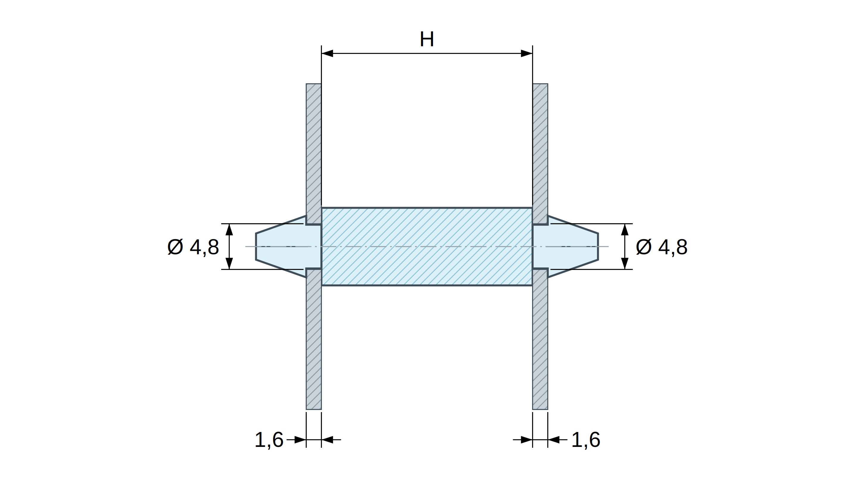 Disegno quotato di Supporto PCB a doppio innesto, PA6.6 naturale, UL94-V2, foro PCB Ø4,8 mm, spessore PCB 1,6 mm Disegno quotato di Supporto PCB a doppio innesto, PA6.6 naturale, UL94-V2, foro PCB Ø4,8 mm, spessore PCB 1,6 mm