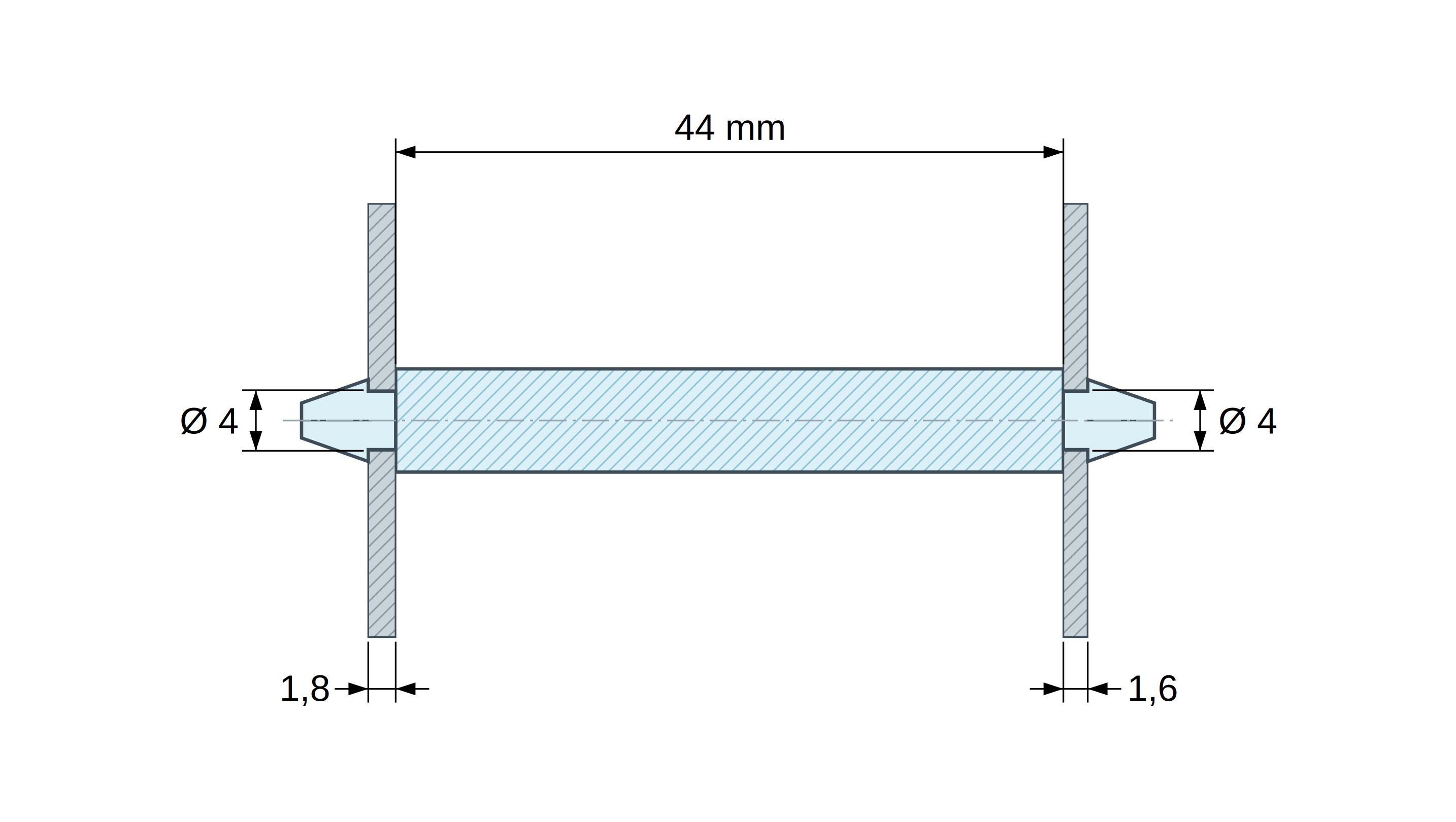 Disegno quotato: Supporto PCB a doppio scatto, poliammide PA6.6 nera UL94-HB, PCB Ø4 mm 1,8 mm / telaio Ø4 mm 1,6 mm Disegno quotato: Supporto PCB a doppio scatto, poliammide PA6.6 nera UL94-HB, PCB Ø4 mm 1,8 mm / telaio Ø4 mm 1,6 mm