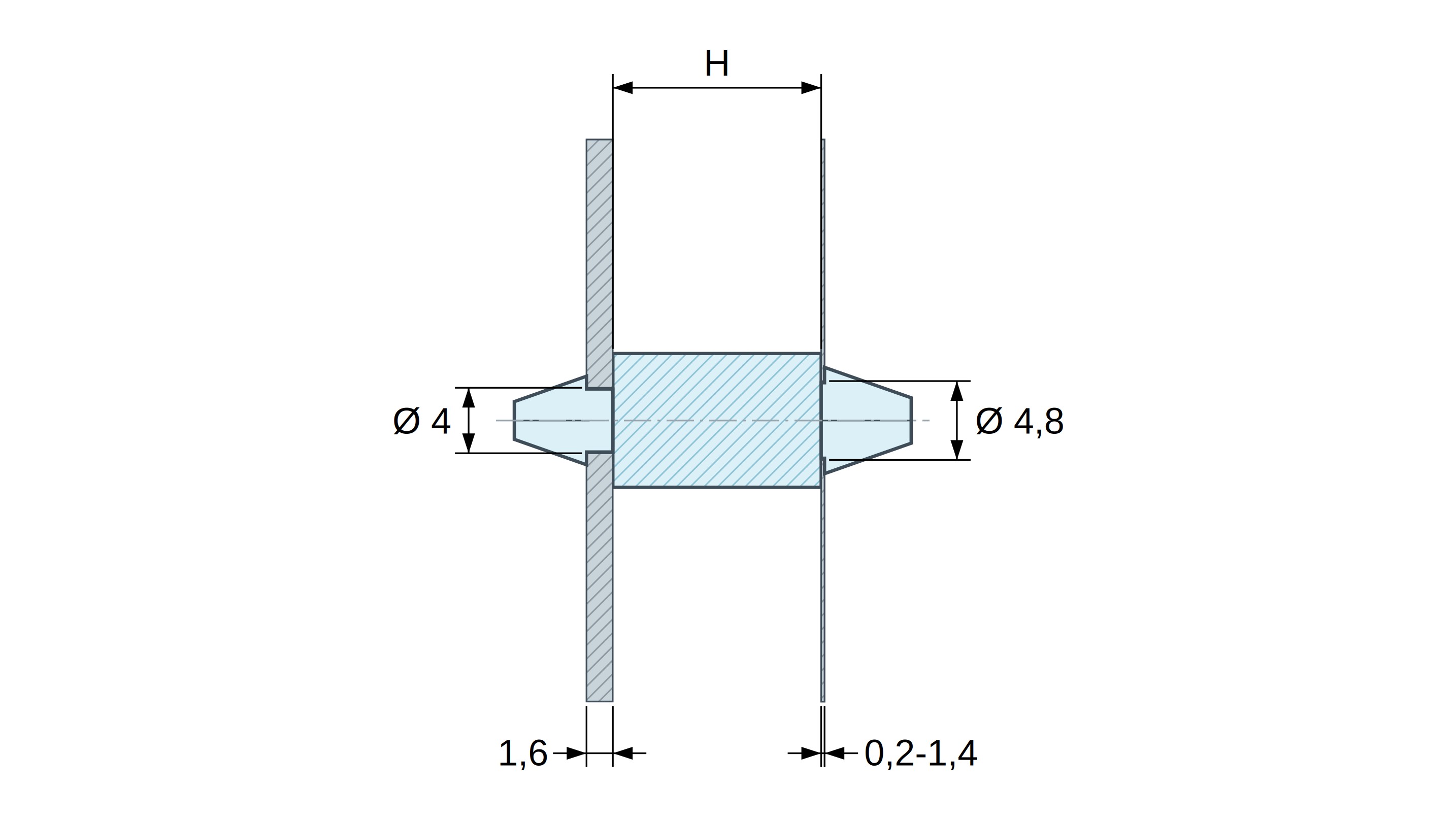Disegno quotato: Supporto PCB a doppio scatto, poliammide PA6.6 naturale UL94-V2, PCB Ø4 mm 1,6 mm / telaio Ø4,8 mm 0,2–1,4 mm Disegno quotato: Supporto PCB a doppio scatto, poliammide PA6.6 naturale UL94-V2, PCB Ø4 mm 1,6 mm / telaio Ø4,8 mm 0,2–1,4 mm