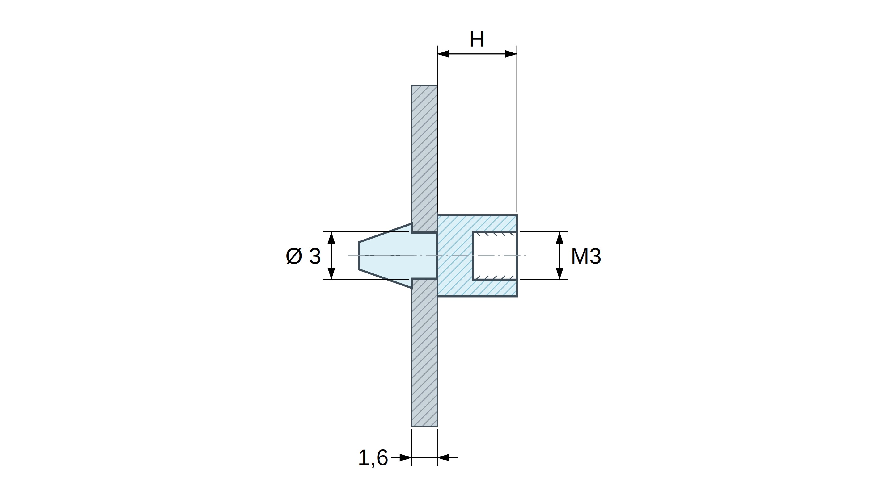Supporto per circuito stampato a scatto, con filettatura interna M3, nylon PA6.6 nero UL94-HB, foro Ø3 mm, circuito 1,6 mm