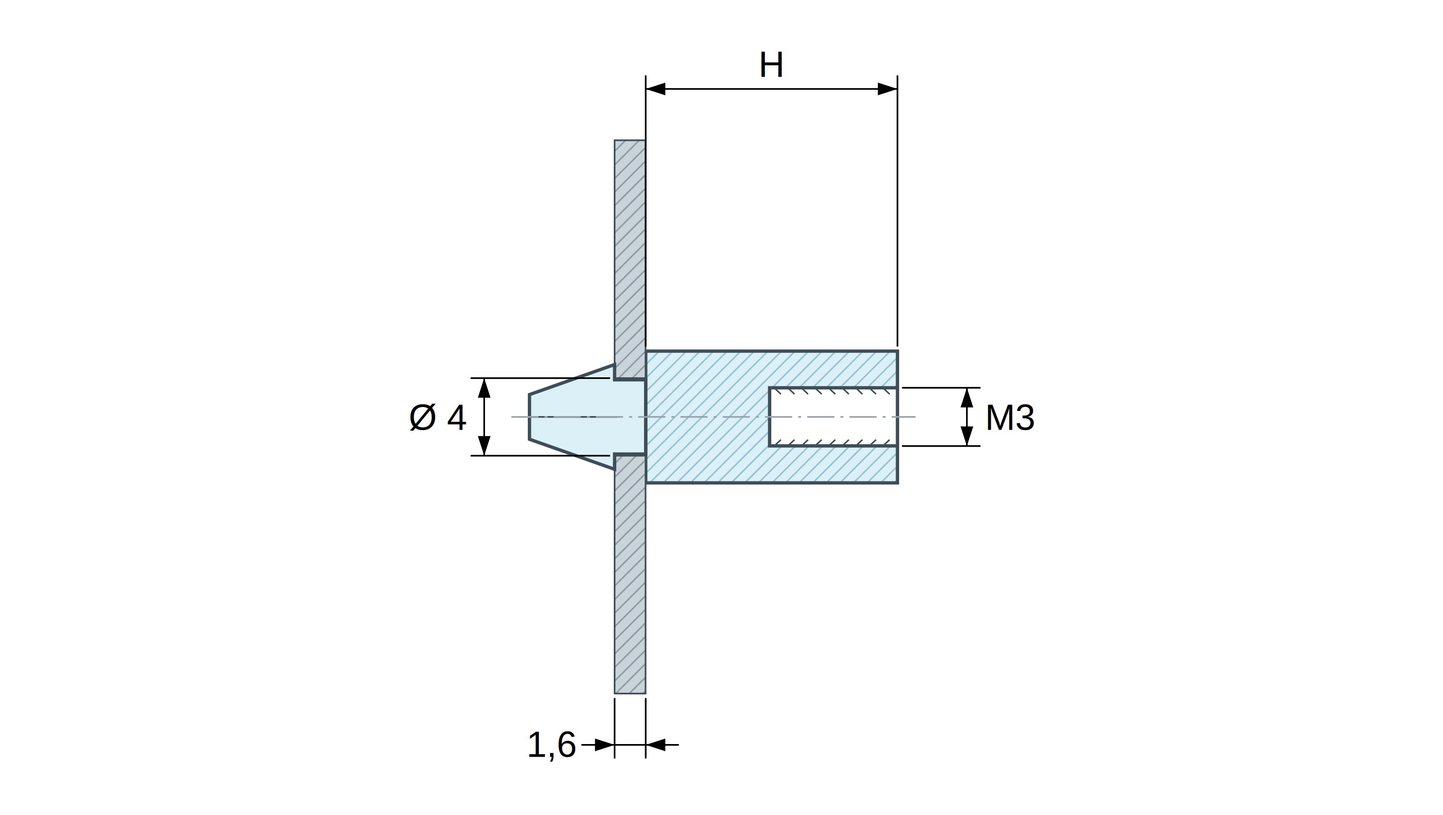 Disegno quotato: Supporto PCB a scatto, filettatura interna M3, poliammide PA6.6 nera UL94-HB, foro PCB Ø4 mm, PCB 1,6 mm Disegno quotato: Supporto PCB a scatto, filettatura interna M3, poliammide PA6.6 nera UL94-HB, foro PCB Ø4 mm, PCB 1,6 mm